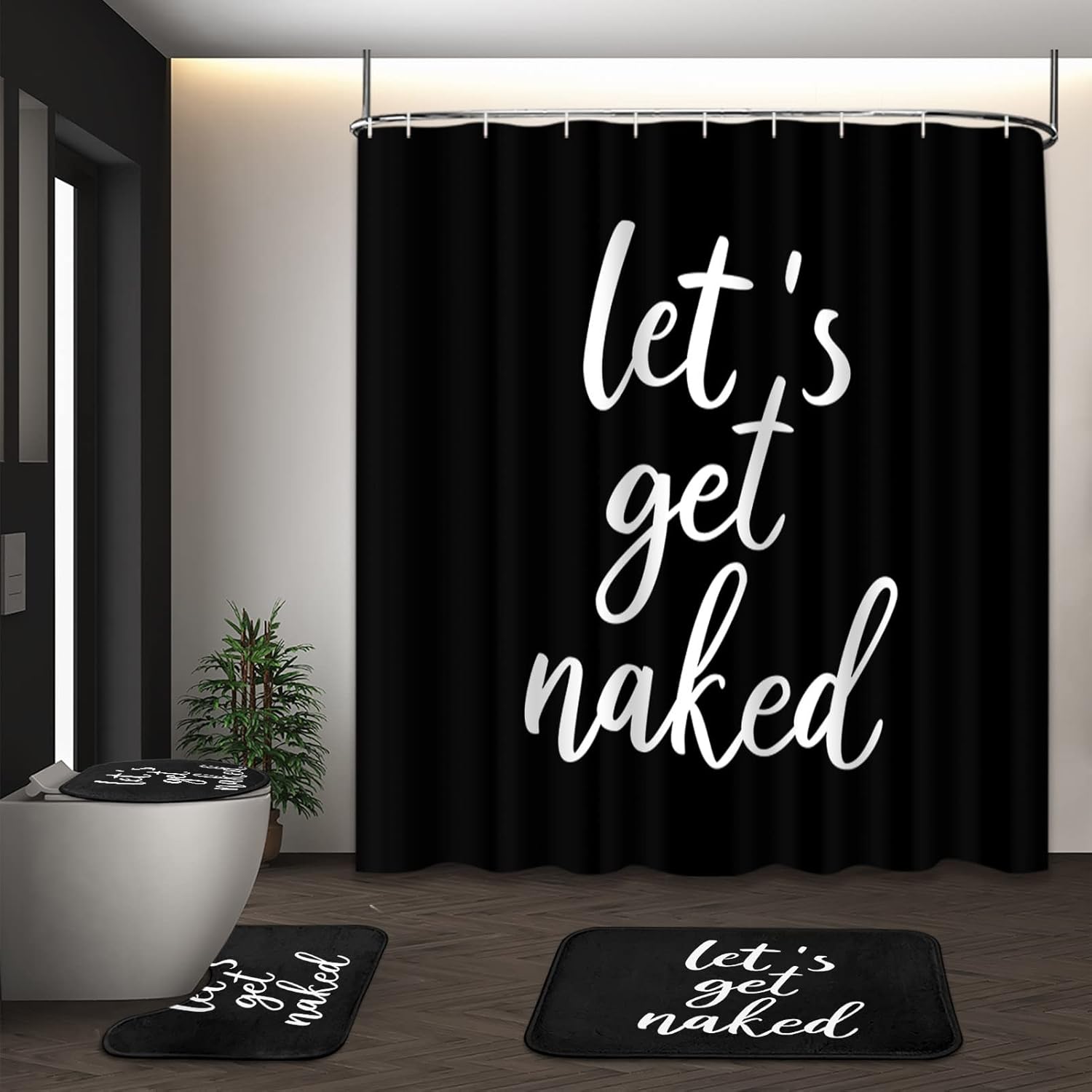 ArtSocket 4PC Shower Curtain Set with Rugs, Let's Get Naked Bathroom Set with Non-Slip Rug, Toilet Lid Cover, Bath Mat and 12 Hooks 72x72 inches