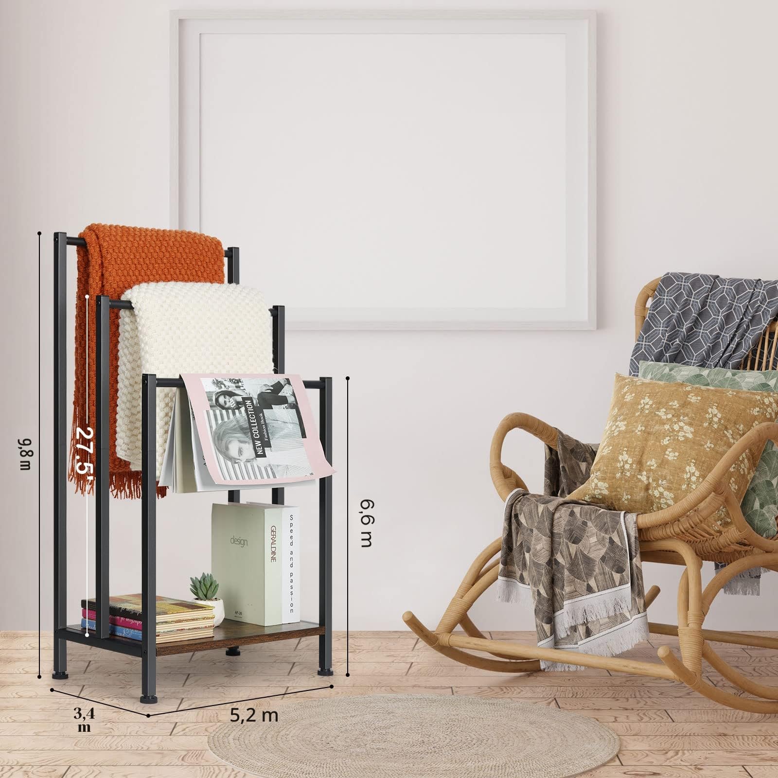 Freistehender Handtuchständer, Badetuchhalter mit 3 stangen, Rustikalem Braunem Holzregal, Industrieller Handtuchhalter, für Wohnzimmer, Badezimmer, Badetücher, Kleidung, Decken (43cm*29cm*82cm)