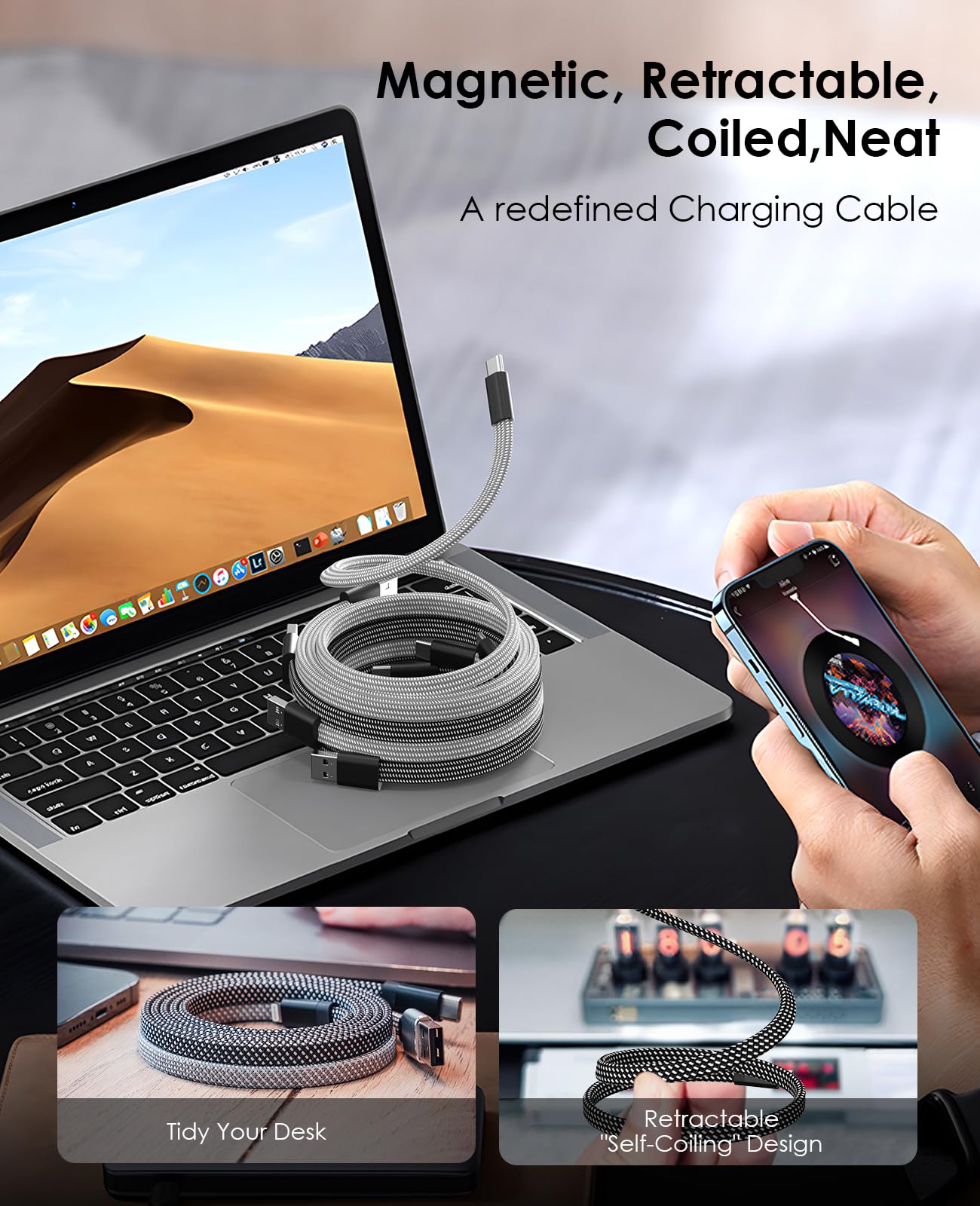 Magtame Cavo USB a USB C, cavo di ricarica magnetico piatto da 1,5 m, cavo USB C arrotolato, cavo di ricarica rapida retrattile tipo C, cavo USB C flessibile compatibile i- Phone 15 pro Max