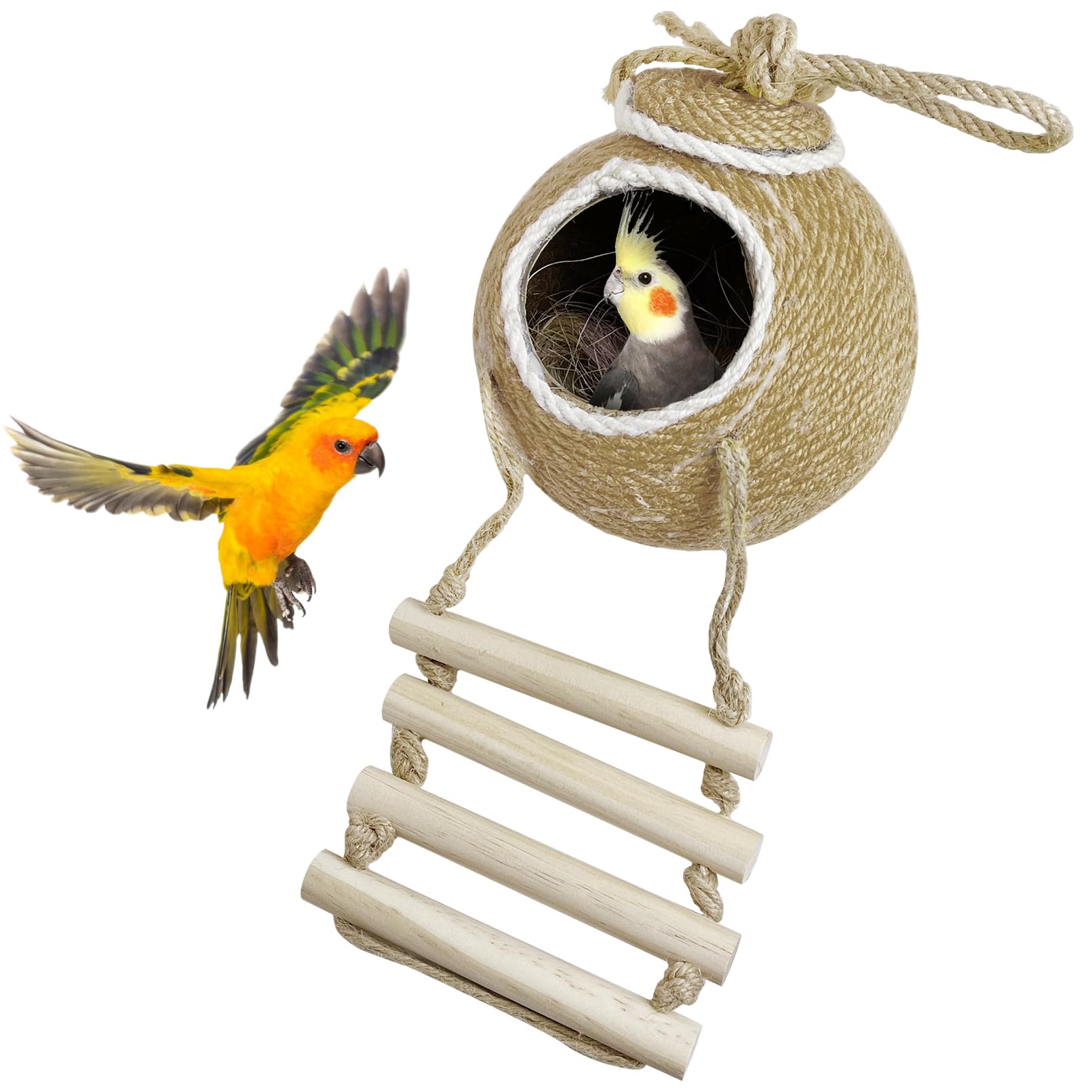 Tfwadmx Coconut Hide with Ladder, Natural Coconut Fiber Hanging Birdhouse Cage, Handmade Sisal Rope & Coconut Bird Shell Breeding Nest for Parrot Parakeet Lovebird Finch Canary (2 Pcs Brown)