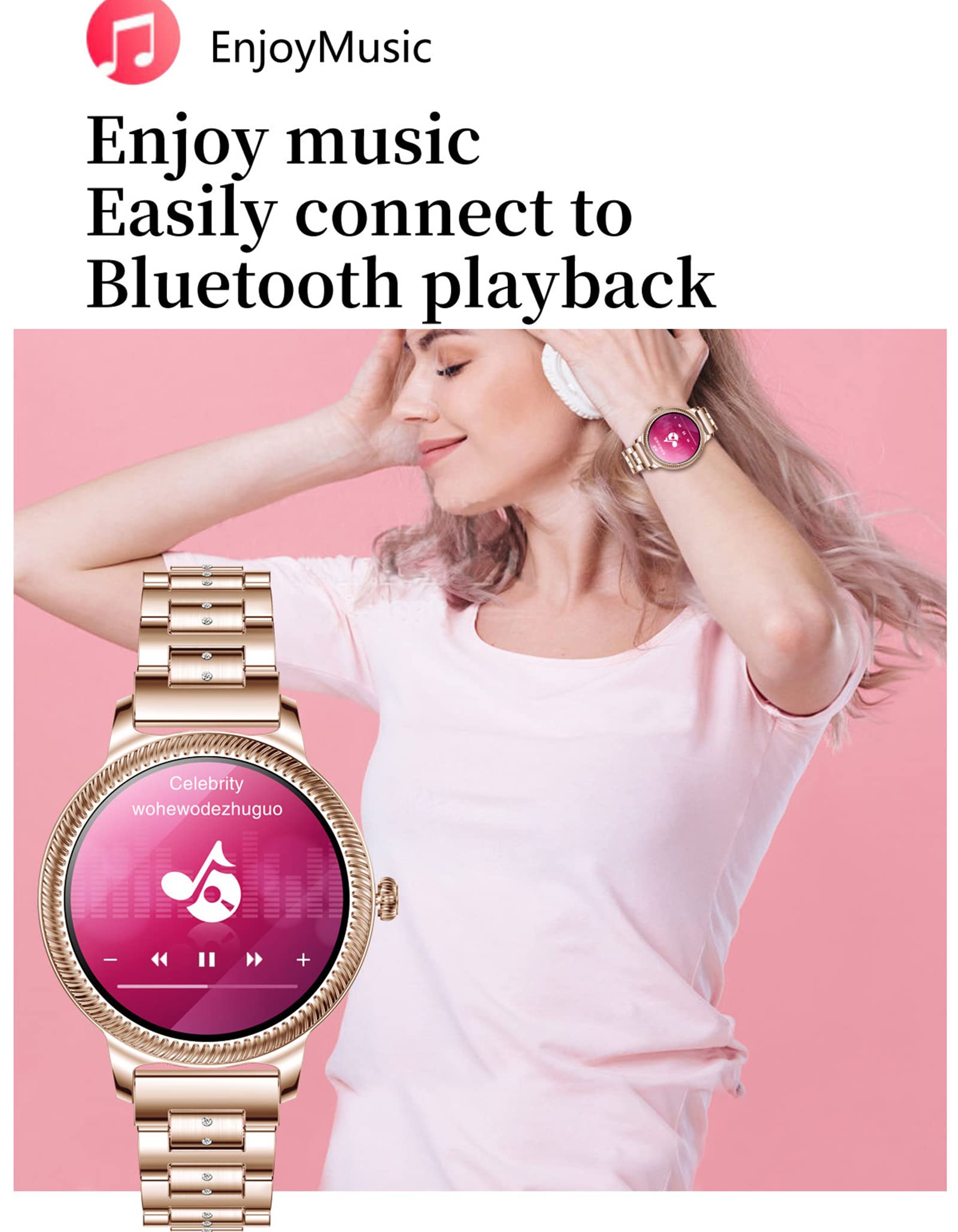Smartwatch damski łańcuszek na rękę, różowe złoto, srebro, bransoletka ze stali nierdzewnej, pulsometr, zegarek z ciśnieniomierzem ciśnienia krwi, krokomierzem, monitor dla kobiet, metalowy, modny, elegancki diament różowy (Rosegold)