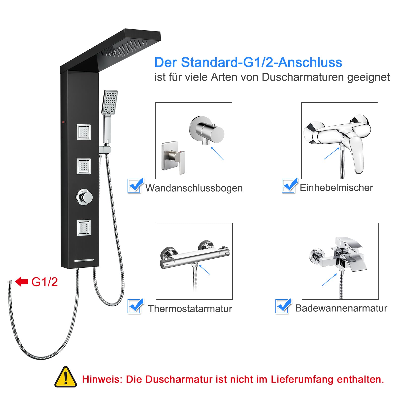 Panel de ducha LED sin grifo, 4 funciones, panel de ducha con ducha de lluvia LED, 3 chorros de masaje, ducha de mano y entrada de bañera, columna de ducha de acero inoxidable 304, color