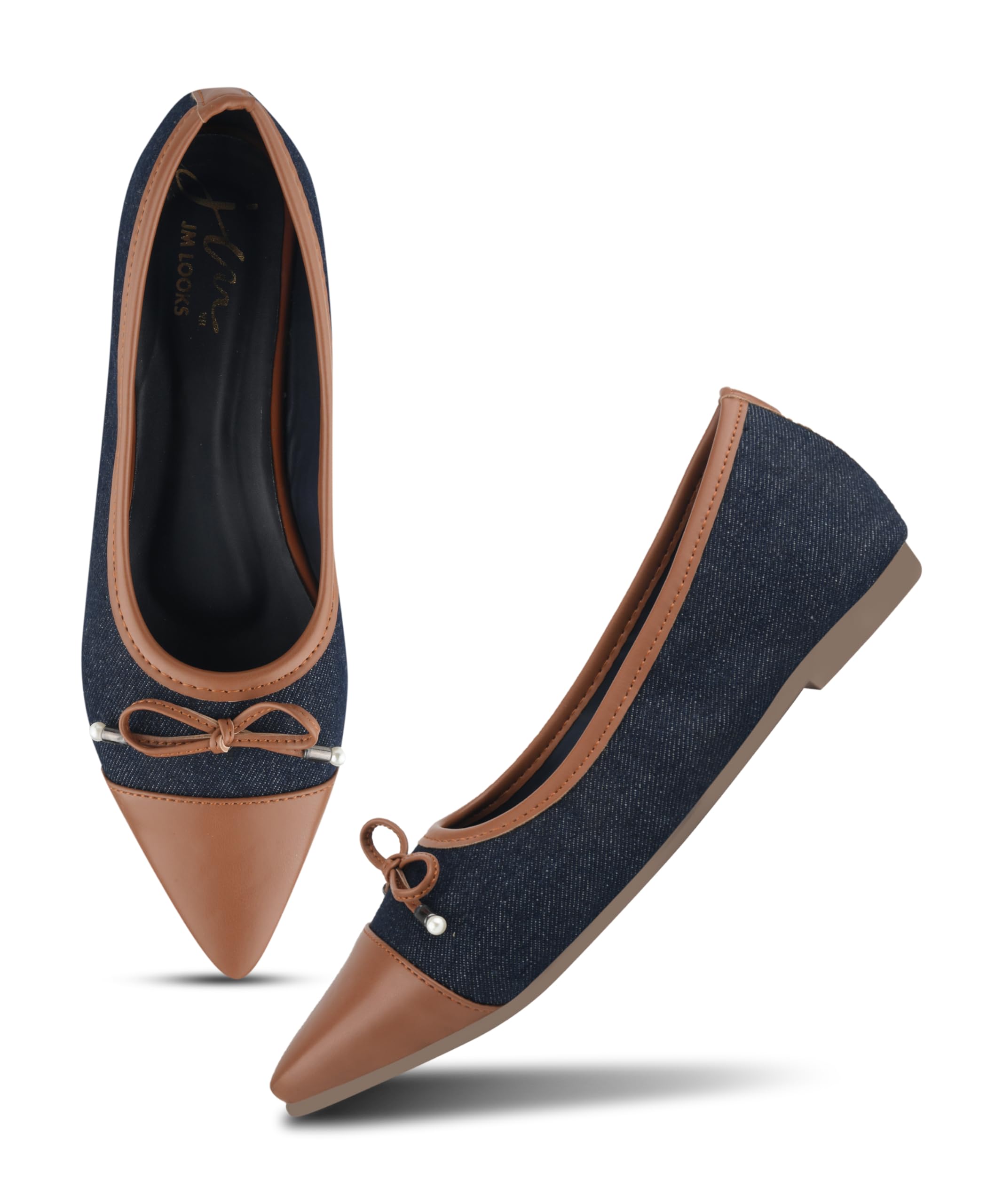 Women's Sophisticated Pointed Toe Denim Texture Flats with Contrast Trim and Delicate Bow Accent Detail-image-4