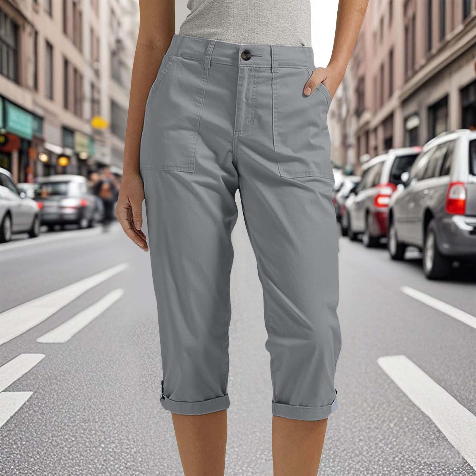 AOREUGL Womens Capris with Pockets Stretch Lightweight Casual Cargo Pants Rolled Hem Summer Cropped Trousers Outdoor Clothes Gray Light Weight Capris for Women Summer L