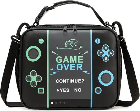 Beaulyn Gamer Lunch Bag for Boys,Large Capacity Insulated Lunch Box with Extra Mesh Bag Fit Ice Pack, Waterproof & Dourable PU Kids LunchBox with Adjustable Strap & Side Pocket for School Picnic