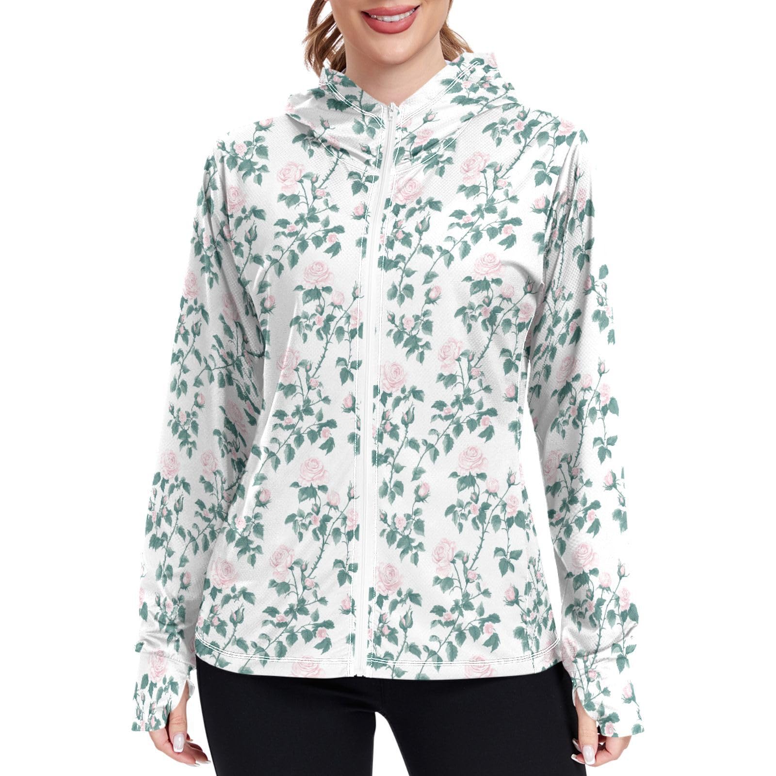 Womens Sun Protection Hoodie Jacket Lightweight Long Sleeve Zip Up Jackets for Women Clothing for Hiking Golf Cycling XXL Vintage Roses Florals