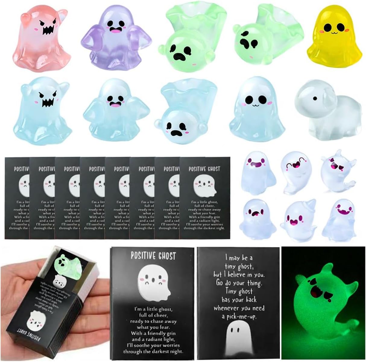 Glow in The Dark Mini Ghost Figures with Box, Small Resin Ghost Miniature,Light-Up Ghost Figurines with Thank You Cards, Cute Luminous Tiny Ghosts for Halloween Baskets & Party Favors