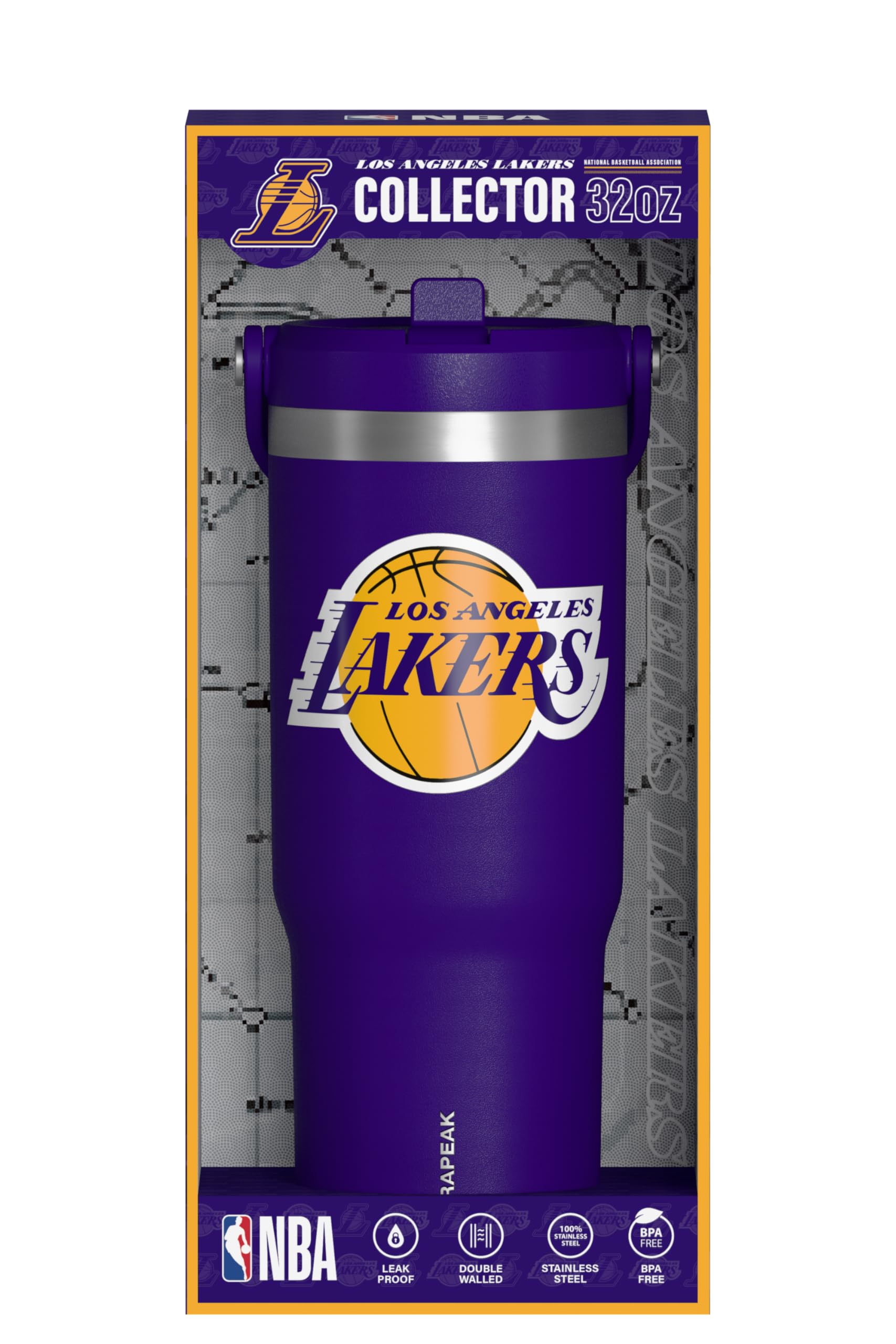 Hydrapeak x NBA Officially Licensed Los Angeles Lakers 32oz Nomad Stainless Steel Tumbler with Handle and Straw Lid, Leakproof Water Bottle in Limited Edition Collector's Gift Box