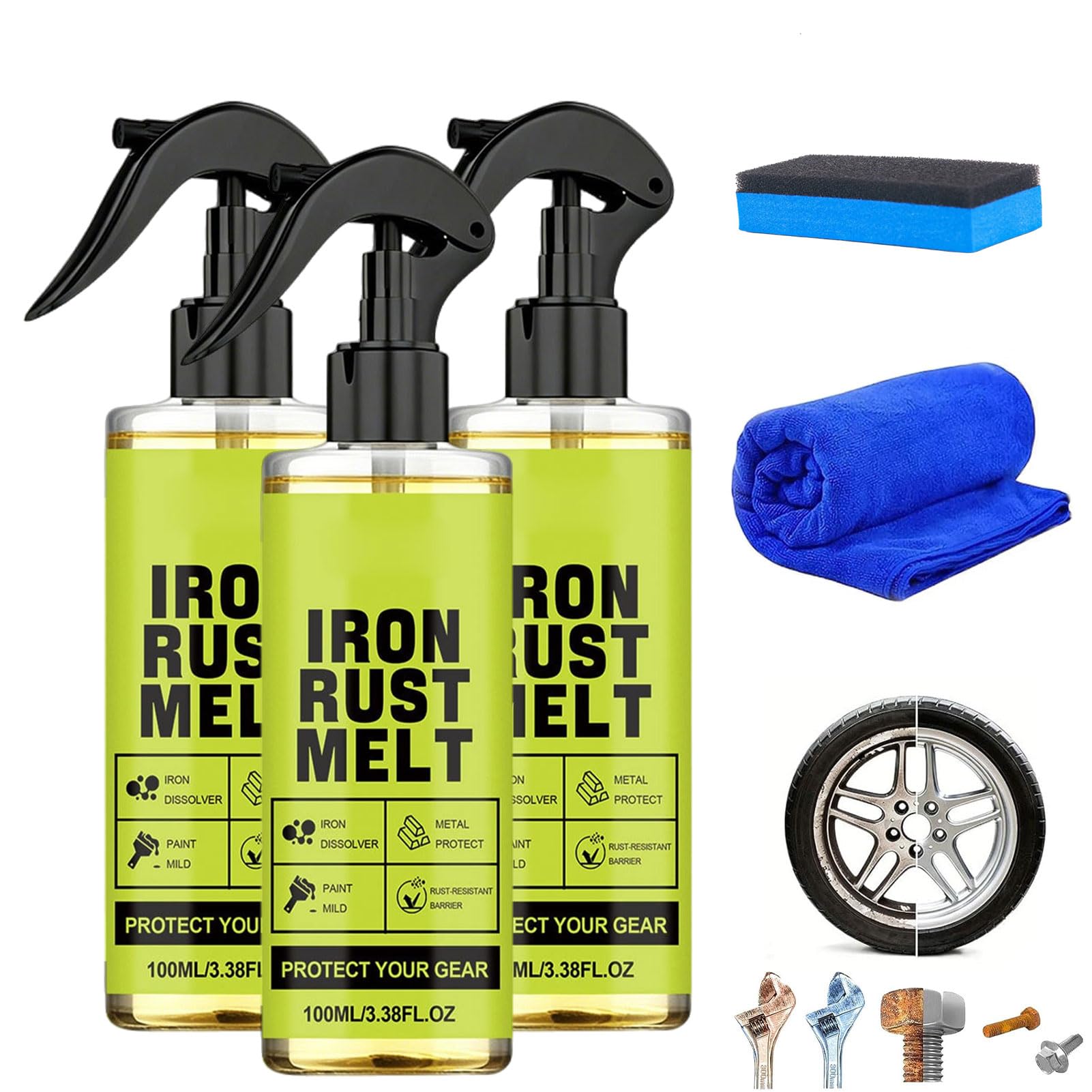 Iron Rust Melt Spray – Rostlöser Für Metall, Schnell Wirkendes Spray Zur Rostentfernung, Eisenoxid-Reiniger Für Felgen, Werkzeuge, Stahlteile, Maschinen Und Outdoor-Ausrüstung (3Set)