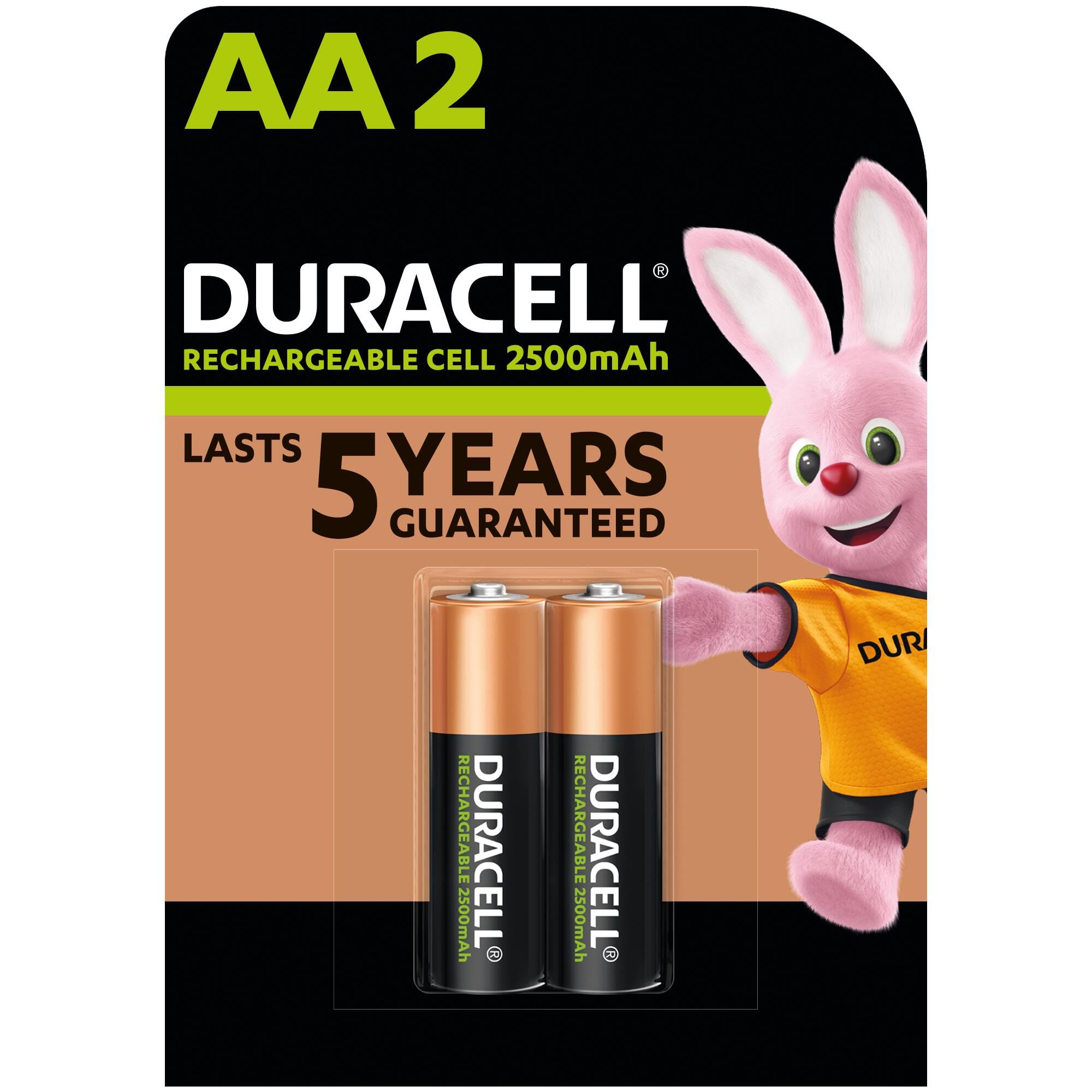 Duracell Rechargeable AA 2500mAh Battery, Pack of 2, Everyday Devices, Toy, Baby Monitor, Camera