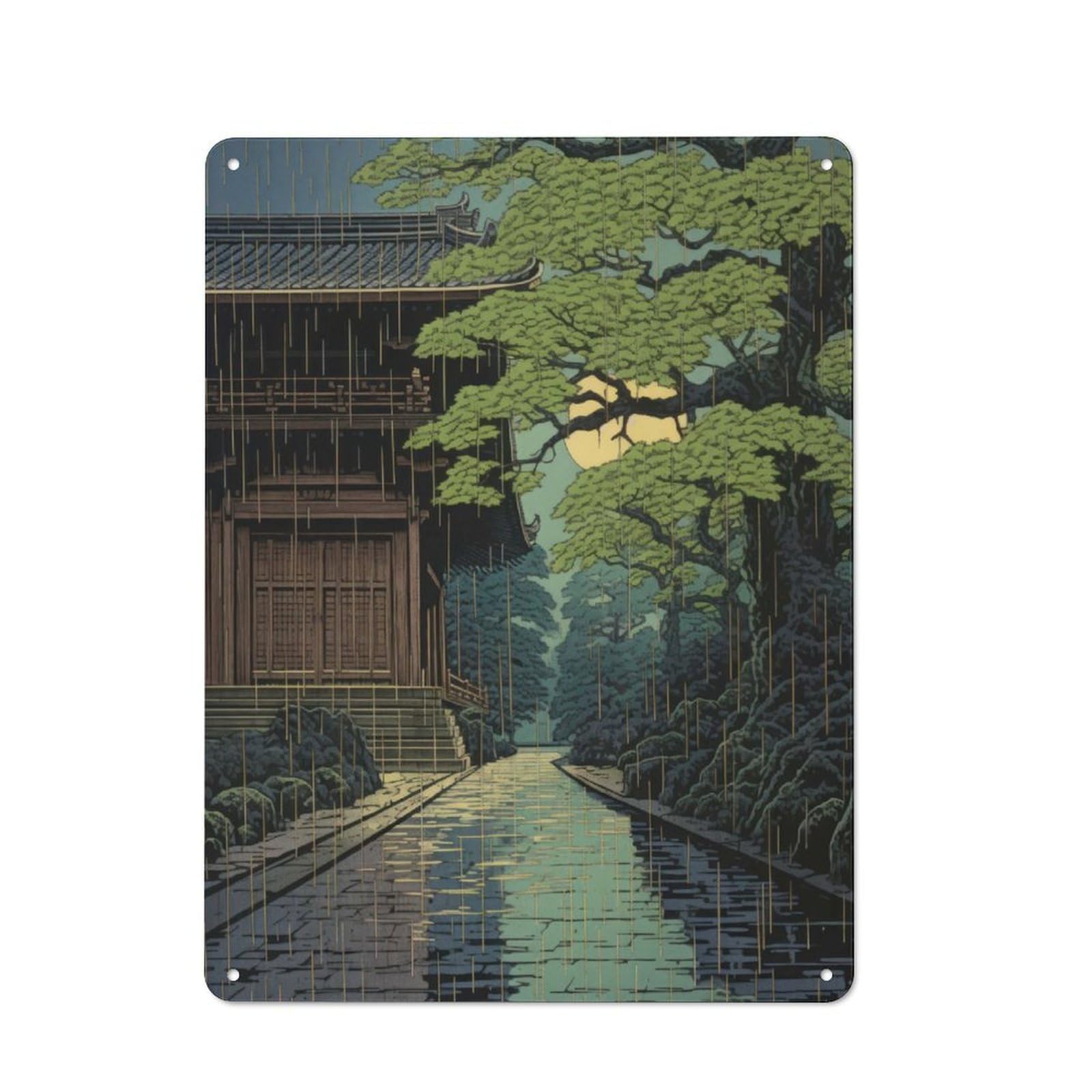 Junmoney Rain Japanese Painting For Garden Room Or Summerhouse, Retro Metal Sign 40X30cm, For Metal Sign Collectors, For Vintage Wall Decor Fans