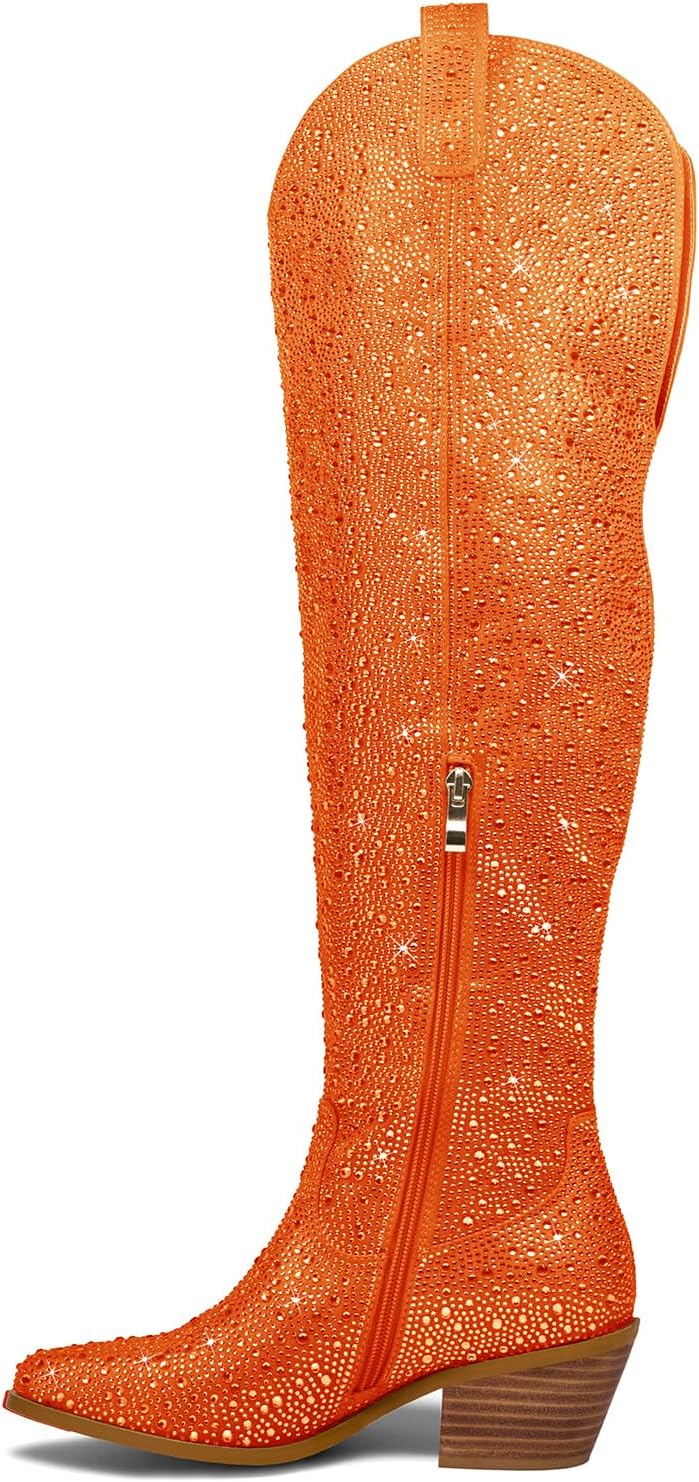 Women's Silver sparkle Rhinestone Over the Knee Cowboy Boots Sexy Glitter Pointed Toe Chunky Heel Zipper Wide Calf Tall Cowgirl Boots Fashion Retro Classic Party Shoes for Girls