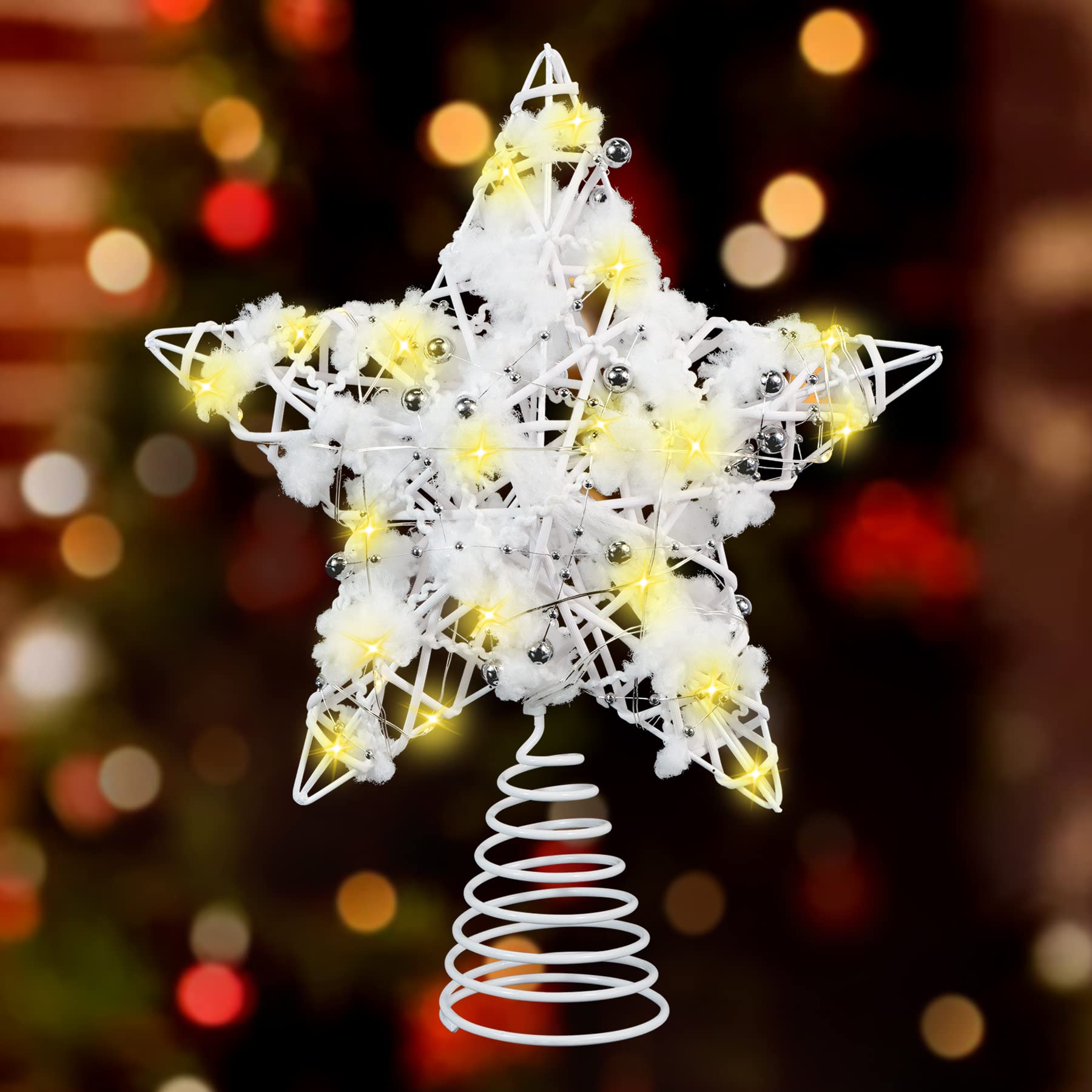 Christmas Tree Topper Lights,WHOLEV 9.8-inch Glittering 15LED Lights Star Treetop Deco,3D Snowflake Star Blinking Christmas Decorations with Battery Operated for Any Size Christmas Tree（7.9*9.8inch）