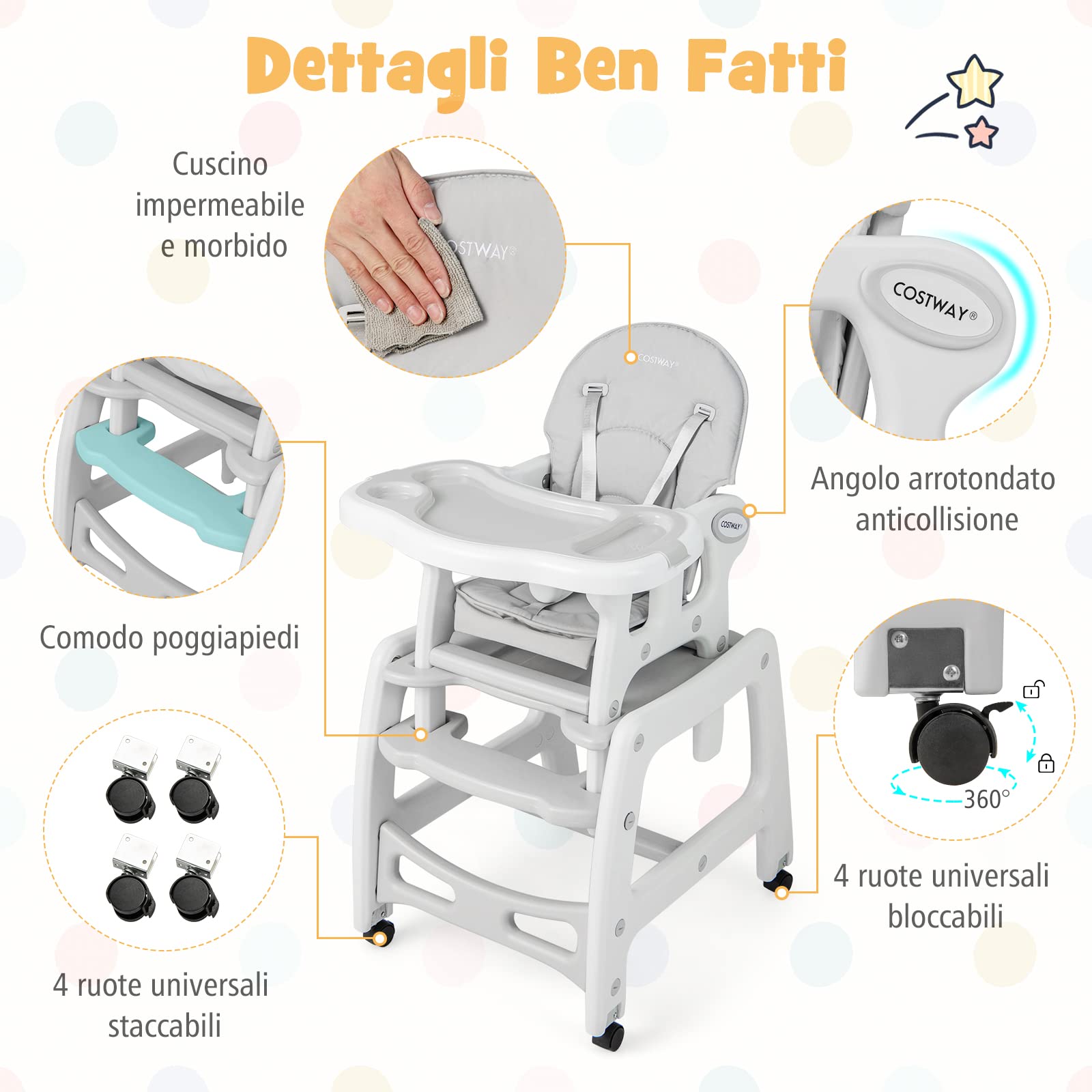COSTWAY 3 in 1 Seggiolone Pappa Bambini, Seggiolone Neonati con Vassoio Rimovibile, Sedia e Tavolo Convertibile Ragazzi, Schienale Regolabile, Cintura di Sicurezza, per Bambini 6-36 Mesi (Grigio)