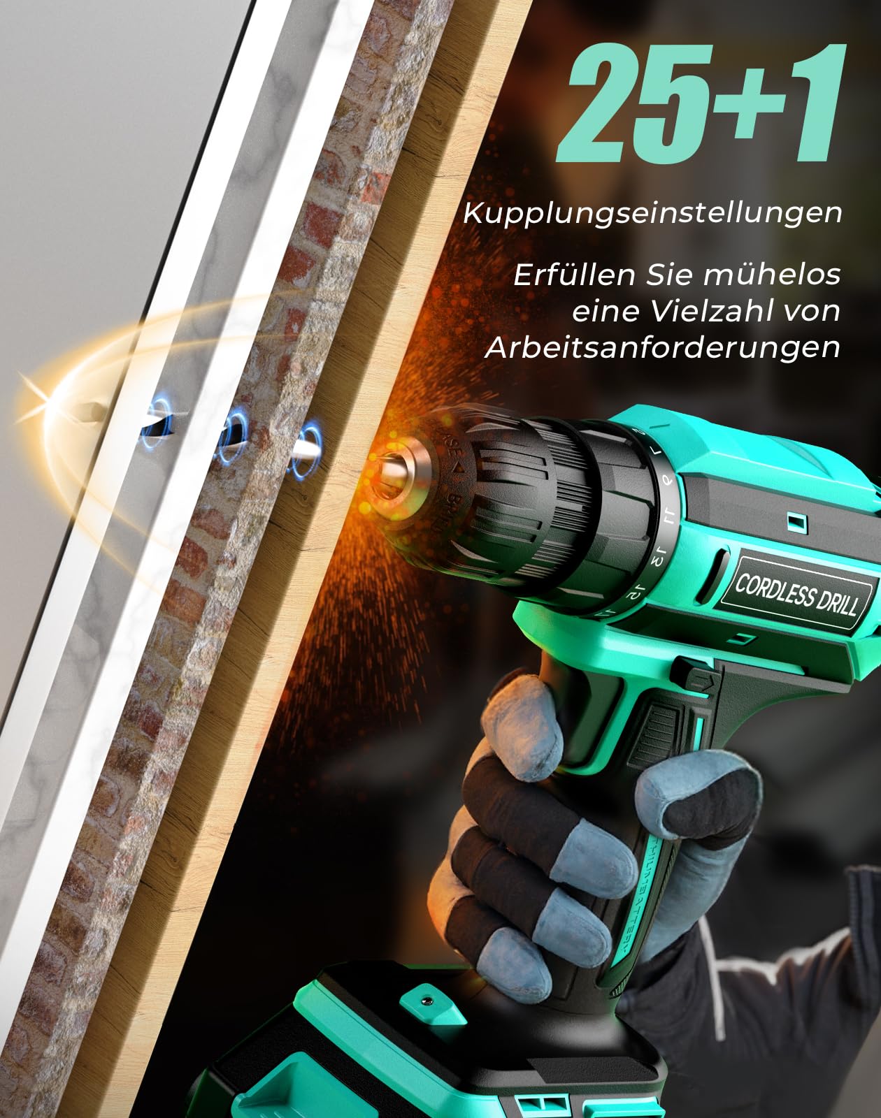 Akkuschrauber, 20V Akku Bohrschrauber, 25+1 Drehmomentstufen Akkubohrer, kompatibel mit Makita 18V Akku, 42Nm Max Drehmoment, LED-Licht, 56 tlg Zubehör Akkuschrauber Set für Reparatur & DIY Cyan