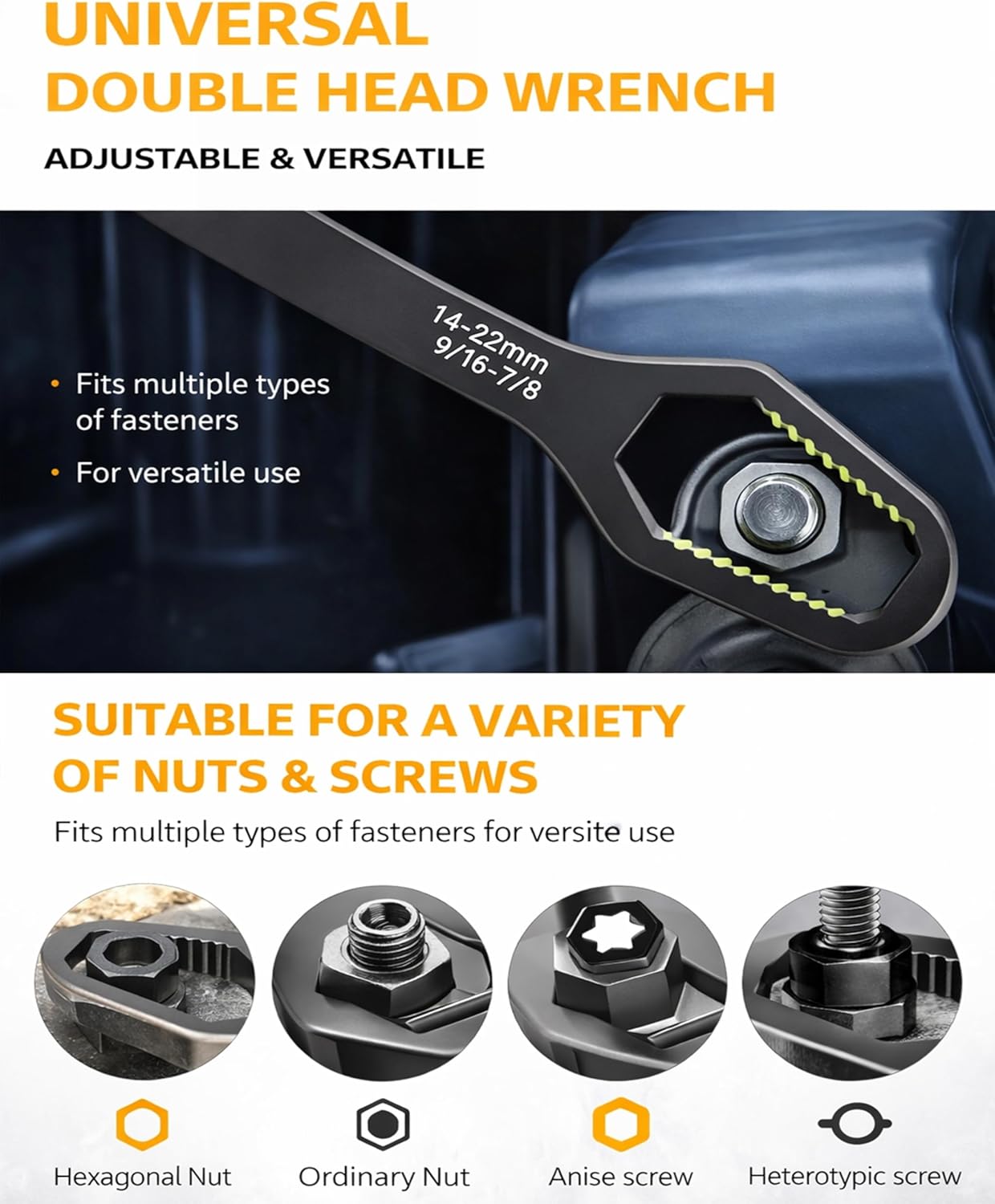 Universal Car Torx Wrench, Universal Self Adjusting Wrench, Double Ended Torx Wrench, Adjustable Double-Sided Wrench, 8-22mm Universal Wrench Receive for Home Car Repair (Set(4pcs))