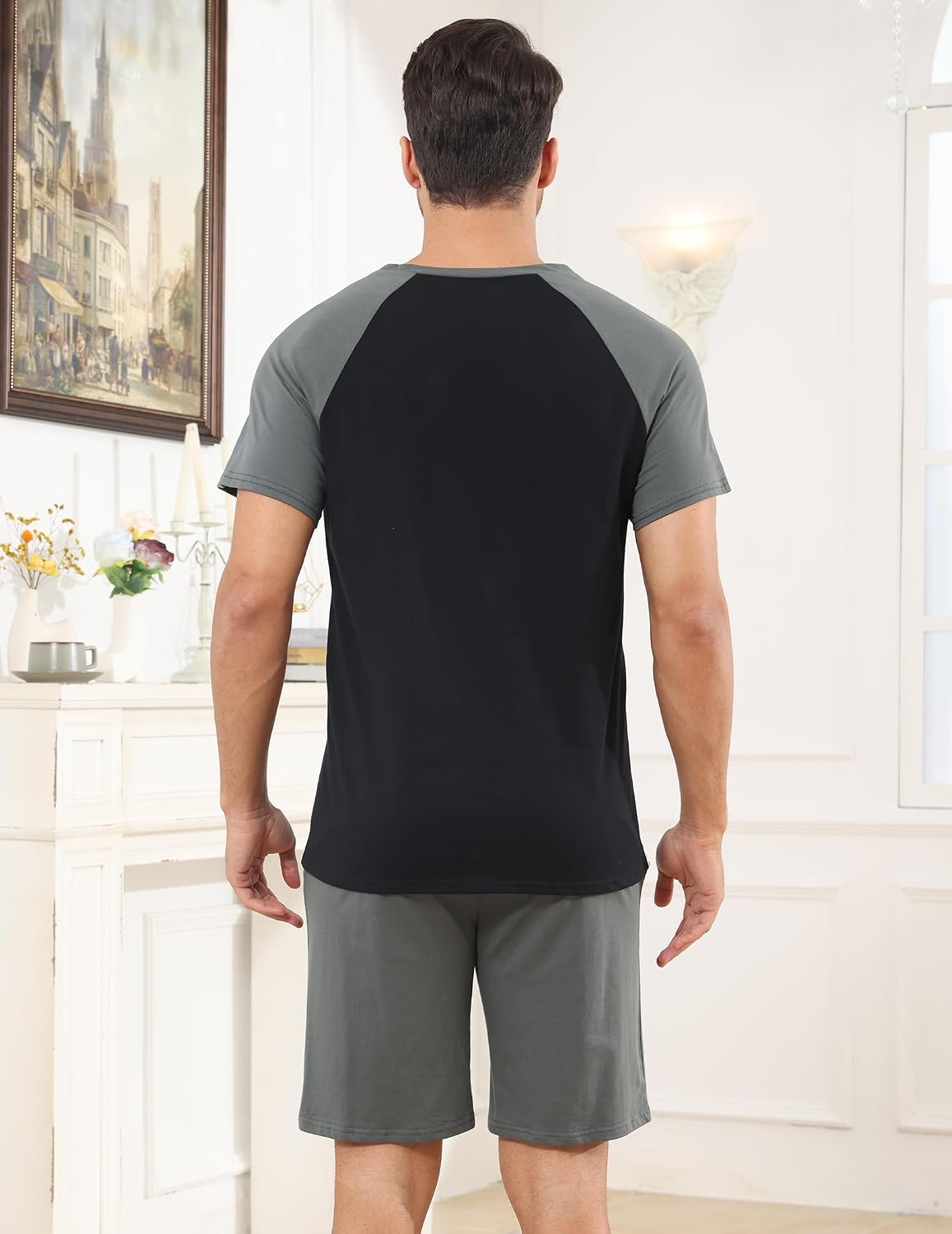 Mens Pajamas Set Cotton Short Sleeve & Shorts Pajamas for Men Summer Lightweight Sleepwear Loungewear with Pockets