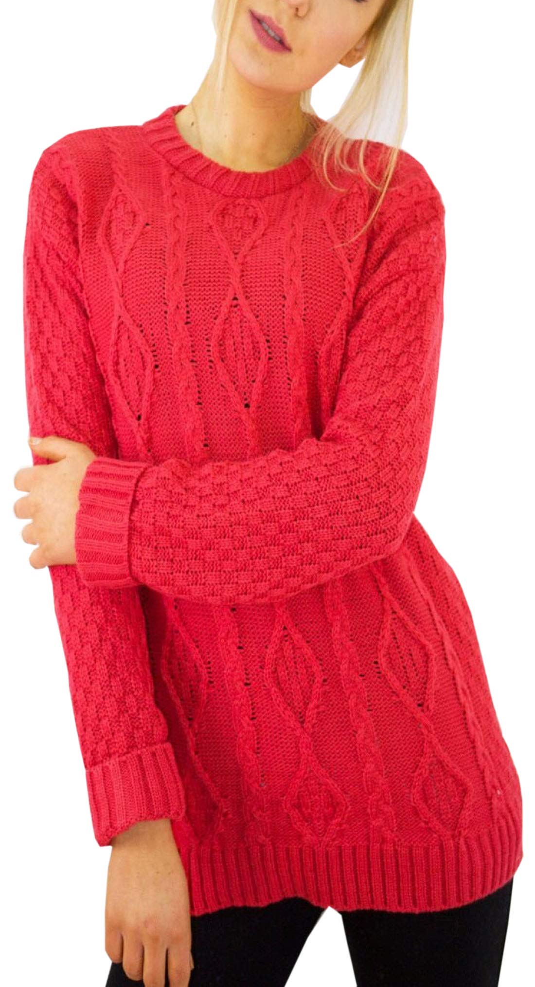 METLUQ M0D4 New Ladies Long Sleeve Chunky Cable Knitted Jumper Crew Neck Winter Sweater Top (Red, UK 8-10)