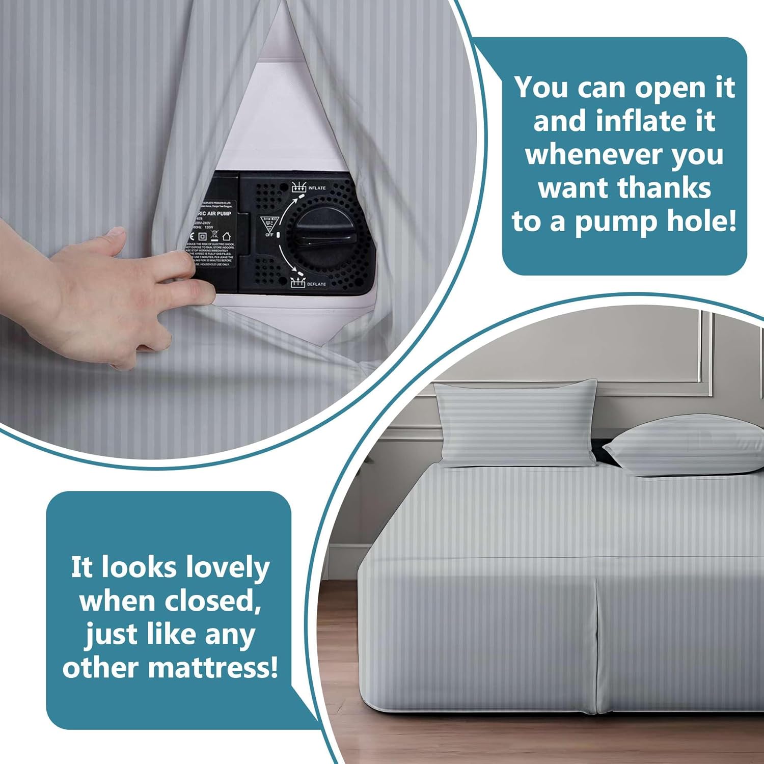 Ready To Rest Twin XL Size Air Mattress Sheet Set - Fits 18in to 24in Pillow Top - for Guests, Camping, RVs, Includes 2 Pillowcase, 1 Flat Sheet & 1 Fitted Sheet (Light Grey Stripe)