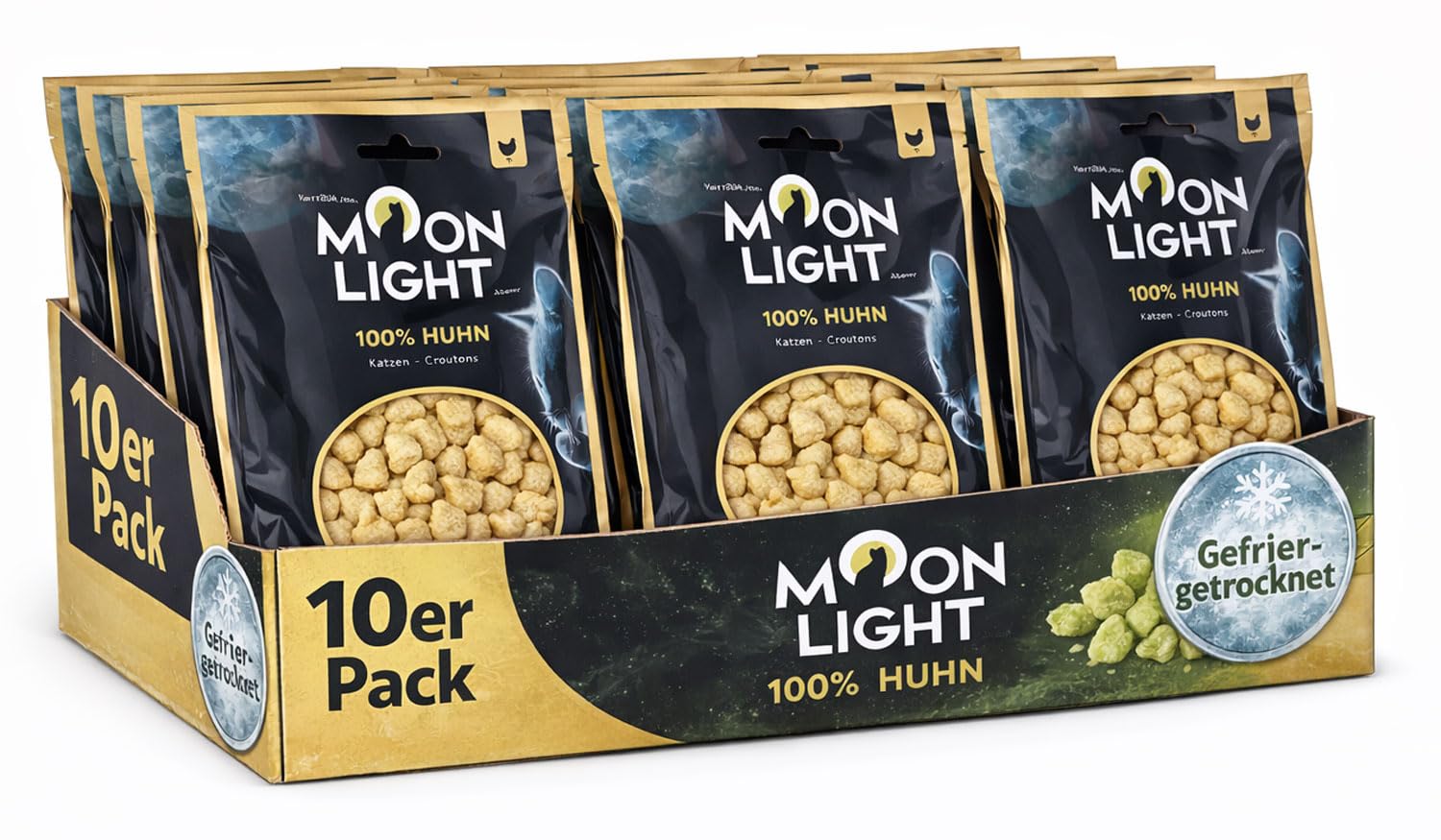Moonlight Katzen-Croutons, 10 Päckchen – Huhn, gefriergetrocknet, 100% Huhn, Premium Katzensnack & Topping, kross & pur, ohne Getreide & Zucker