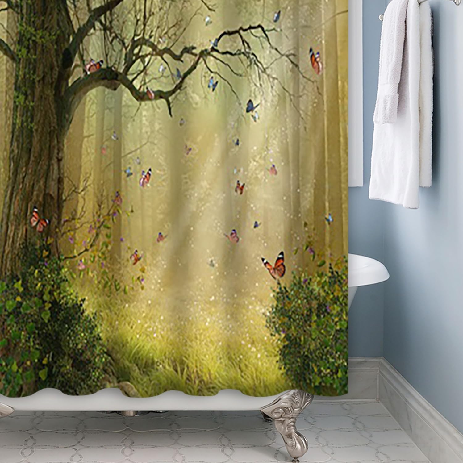 Xiaoterna Fairy Tale Forest Shower Curtain Fantastic Jungle Bathroom Curtain Jungle Safari Butterfly Shower Curtain Sunrise Scenery Shower Curtain Machine Washable Waterproof Fabric 90x180cm - Image 4