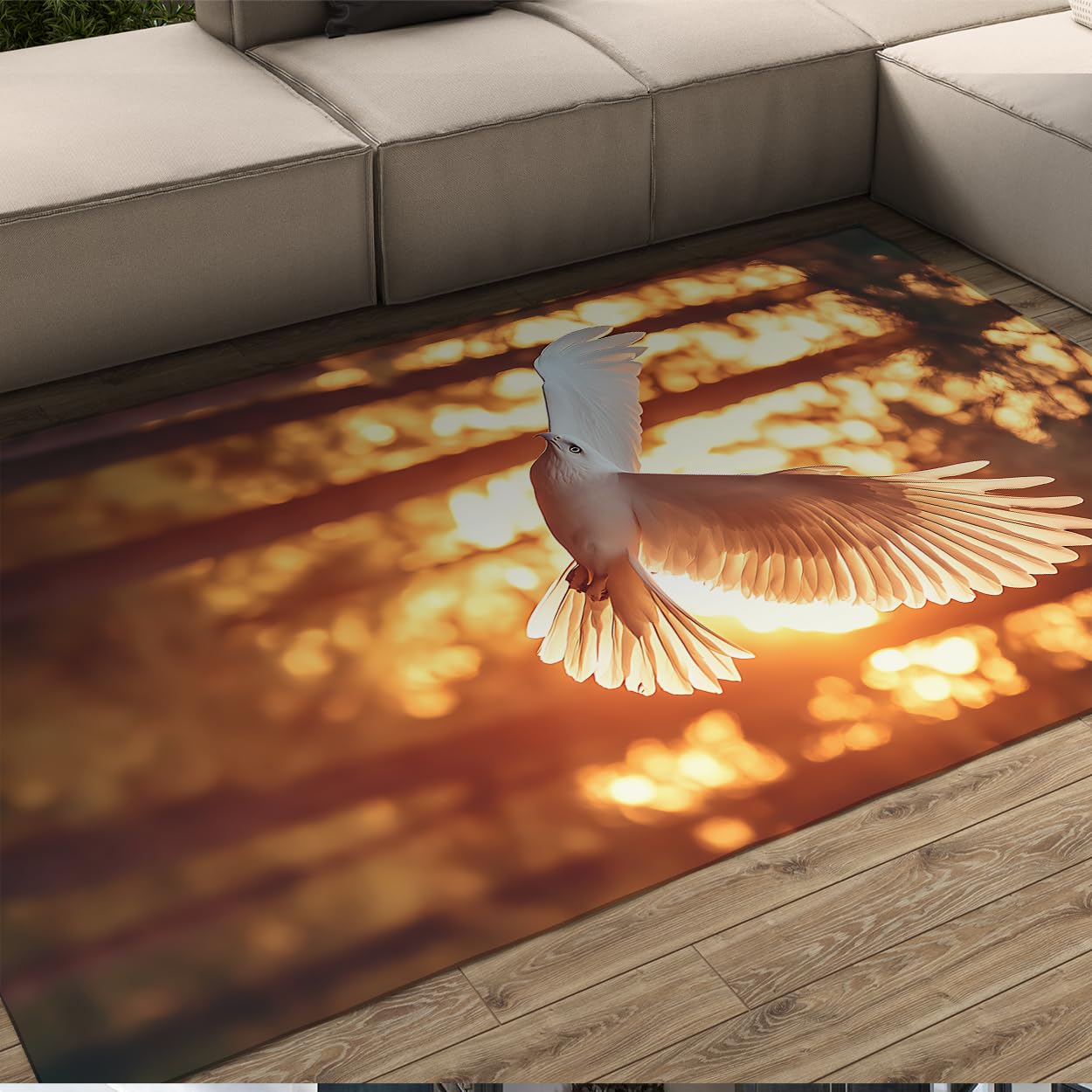 Tapis Nature Romantique esthétique Colombe Blanche Coucher Soleil doré Jungle Paysage Lavable Tapis Poil Ras intérieur carpette 70x120cm