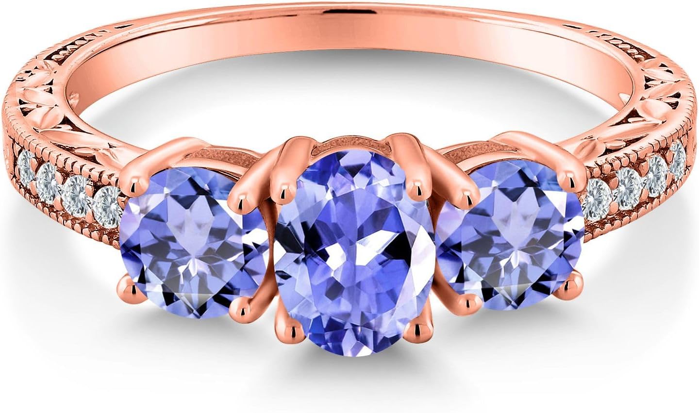 Gem Stone King 18K Rose Gold Plated Silver Oval Blue Tanzanite Ring For Women | 1.79 Cttw | Gemstone Birthstone | Wedding Engagement Anniversary Promise Ring For Women