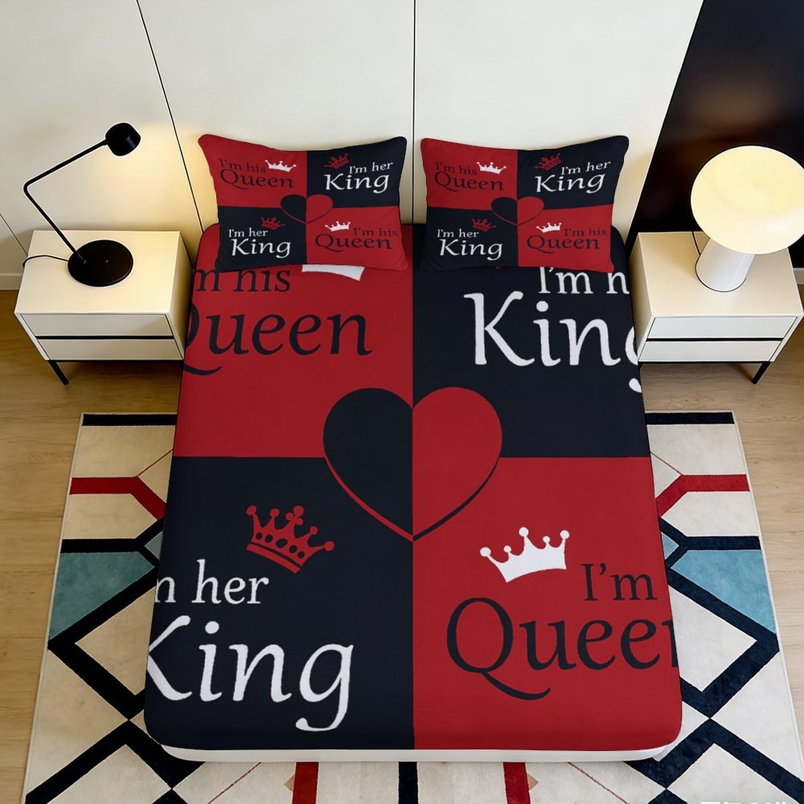 Jqzkxnhpbr Style-4 3D Printed King Queen Love Fitted Sheet Microfiber Soft Red Black Heart Bed Cover For Bedroom Dorm Decor 90X200x25cm
