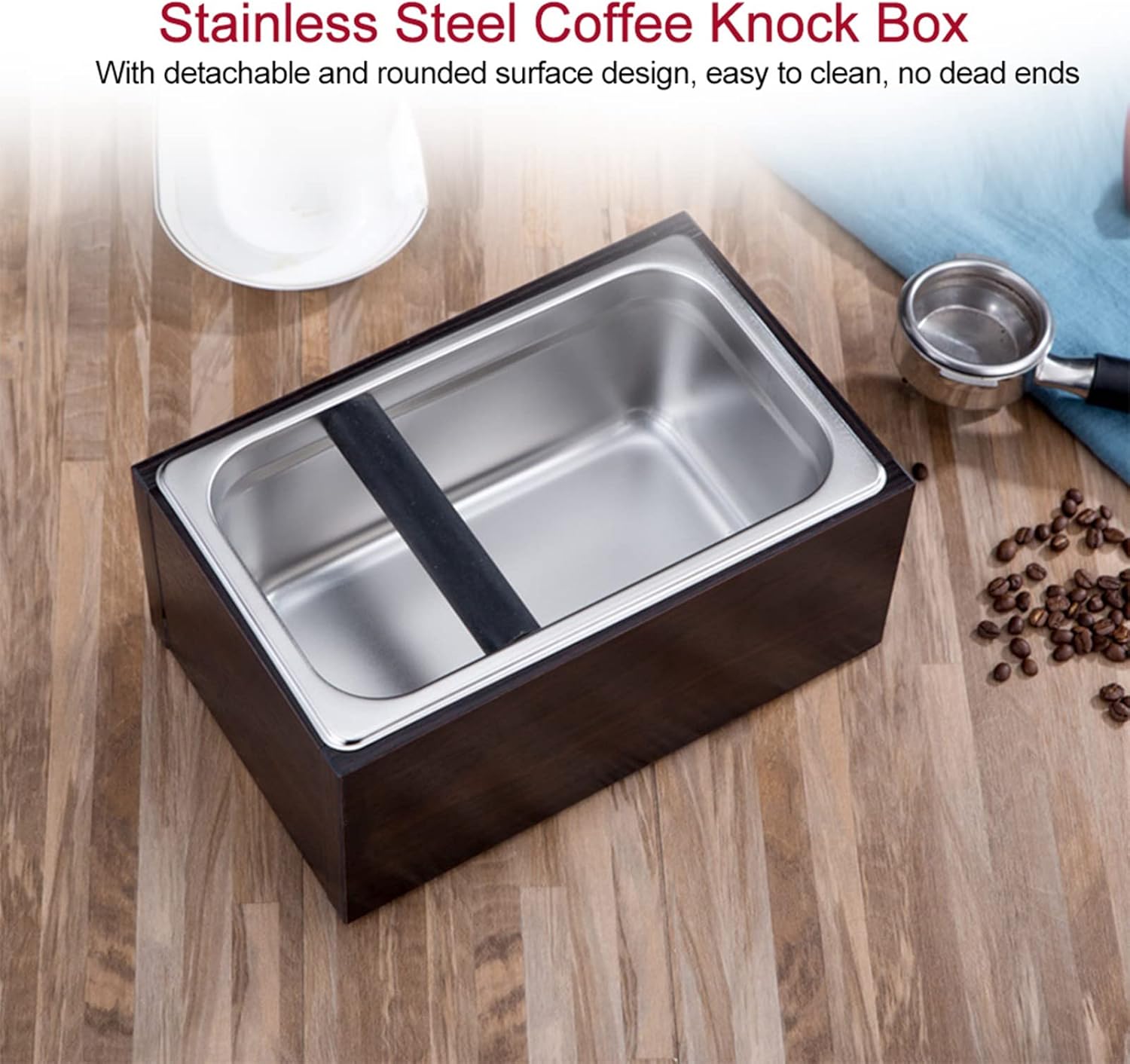 Coffee Knock Box, Stainless Steel Coffee Pucks Container, Large Capacity Wooden Box Coffee Pucks Container Espresso Machine Tool for Coffee Ground, Underneath Espresso Machines