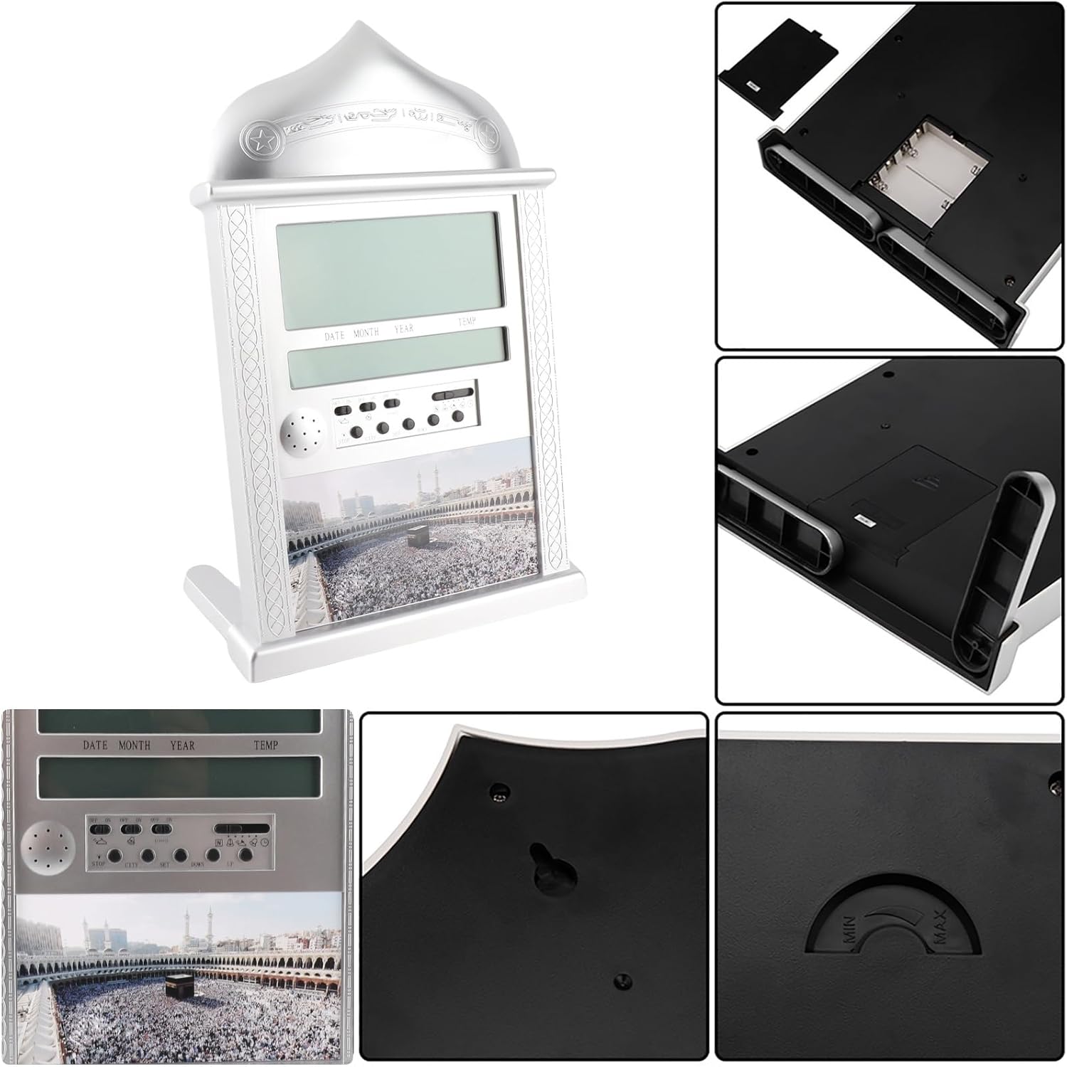 Close-up of battery compartment and back features of the clock