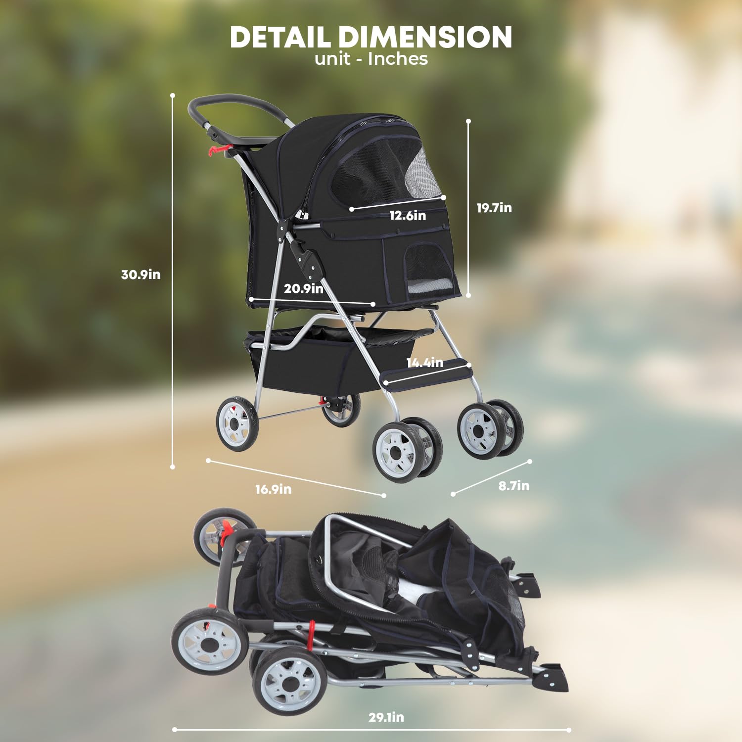 4 Wheels Dog Stroller for Medium & Small Dogs, Cat Stroller with Liner, Storage Basket & Cup Holder, Travel Folding Carrier with Sun Shade - Black