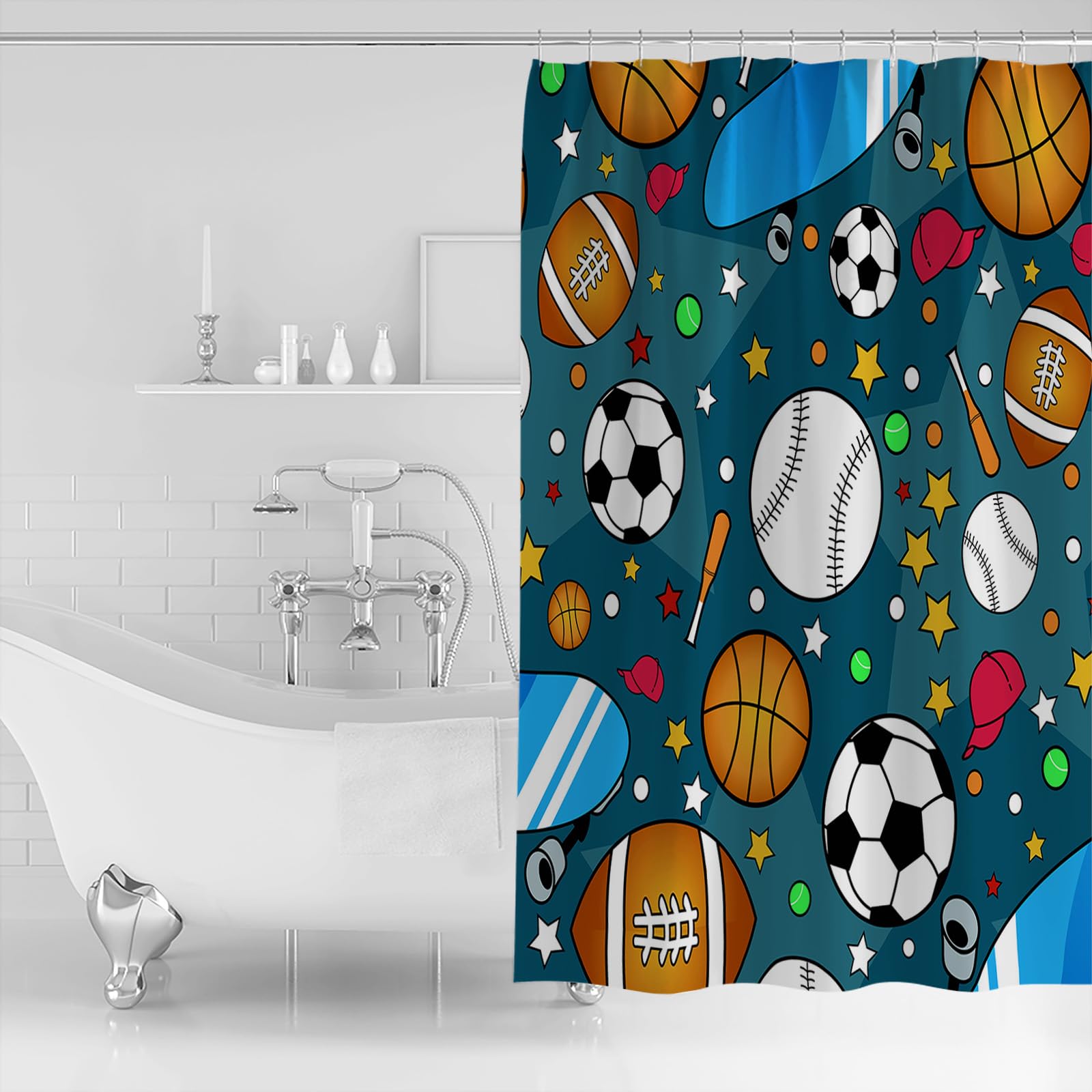 Anzona Sports Waterproof Shower Curtains Set - Small 36 x 72 Inch, Basketball Football Rugby Skateboard Teal Star Polyester Fabric Bathroom Curtain with 12 Hooks, Bathroom Accessories, 1 Panel