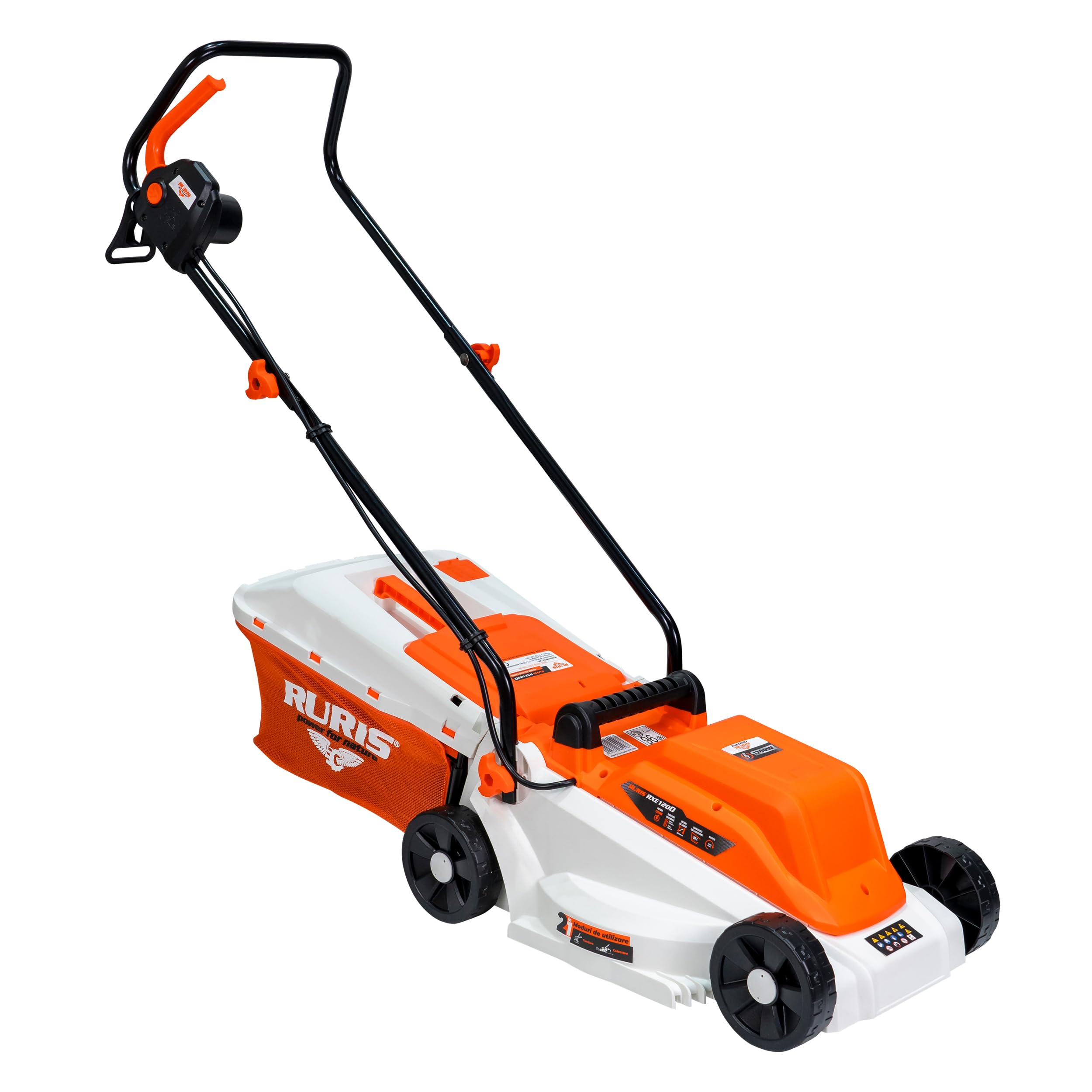 RURIS Tondeuse à Gazon Électrique RXE1200 1200W, Largeur de Coupe 320 mm, Hauteur Réglable 25/45/60 mm, Bac de Ramassage 30 L, 3100 TR/Min, Orange