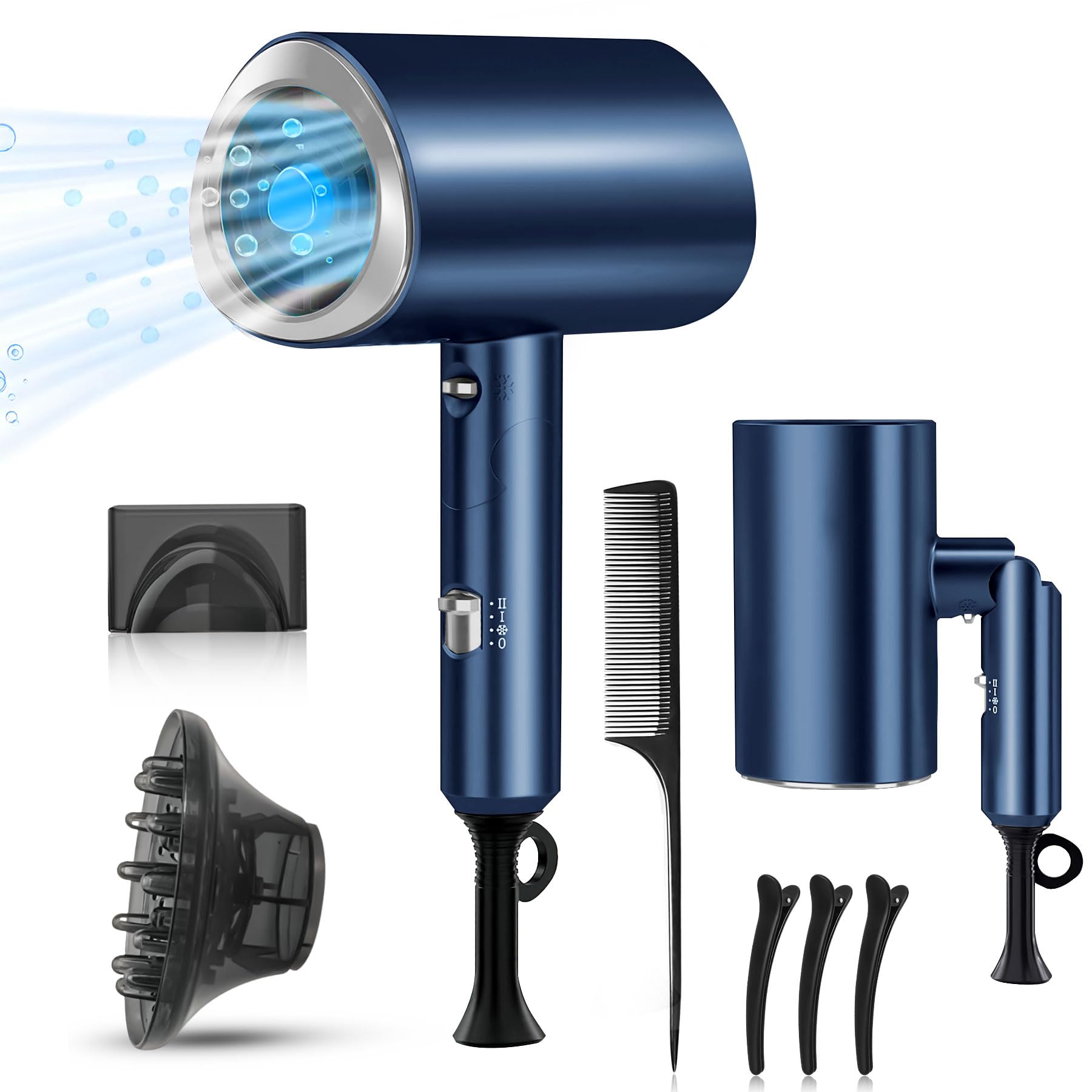 Secador de Cabello Ion Negativo,1800W Secadora de Pelo Profesional Potente,con 3 Niveles de Viento Cálido,2 Velocidades,Secador de Soplado Plegable,con Boquillas y Difusor para Hogar,Salón de Belleza,Viajes -Azul