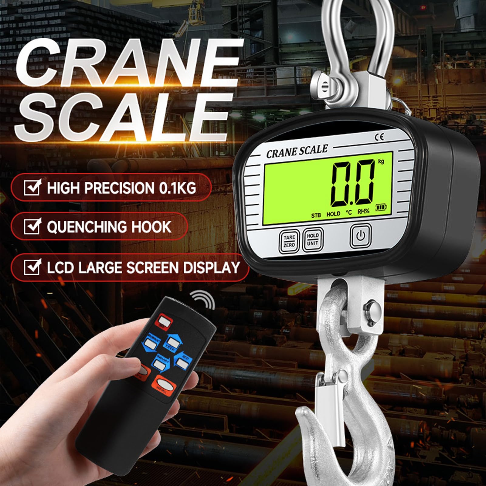 Báscula de Grúa Digital, Báscula de Gancho Electrónica Retroiluminada LCD OIML Clase 3 de Alta Precisión con Control Remoto, para Sitio de Construcción de Fábrica Agrícola (2000KG)