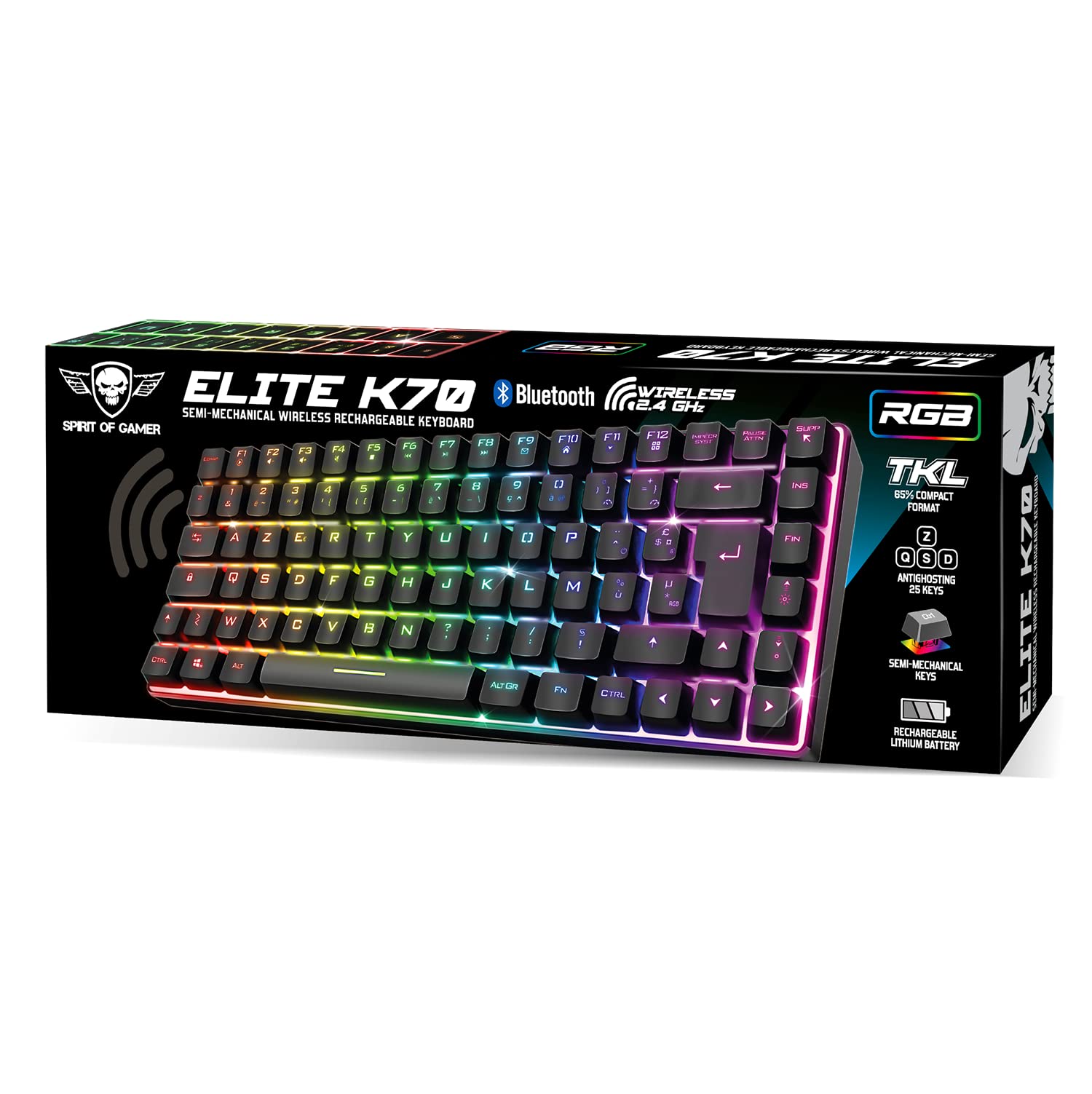 Spirit Of Gamer | Tastiera Gaming Wireless Bluetooth RGB | Layout Italiano QWERTY | Mini Keyboard Compatta TKL 65% | Tasti Semi-Meccanica con 25 Anti-Ghosting | Compatibile con PC, Telefono e Tablet