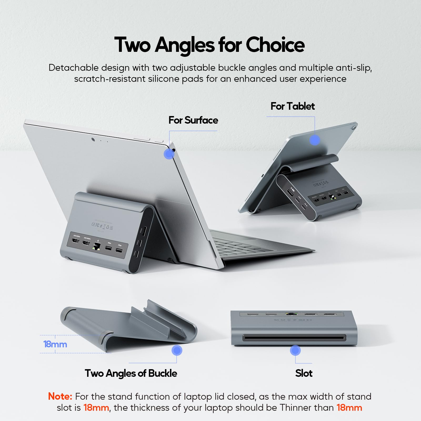 USB C Docking Station Dual Monitor 4K@60Hz, 6X USB-A/USB-C, Plug & Play | PULWTOP USB C Hub mit 2x HDMI, PD, Ethernet, vertikale Dockingstation für Surface Pro 11/10/9/8 & Windows Laptop - Grau