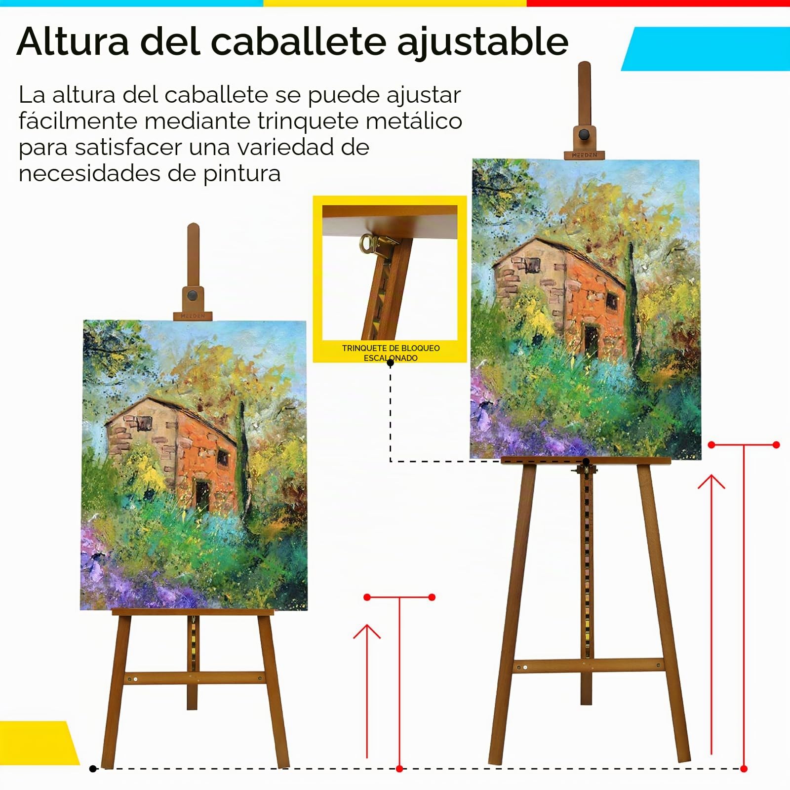 MEEDEN Caballete de Arte en Madera Para Pintura: Caballete de Exhibición de Madera de Haya Maciza Soporta Lienzo Hasta 110 cm - Caballete Ajustable de 145-193 cm para Adultos Estudiantes - Nogal