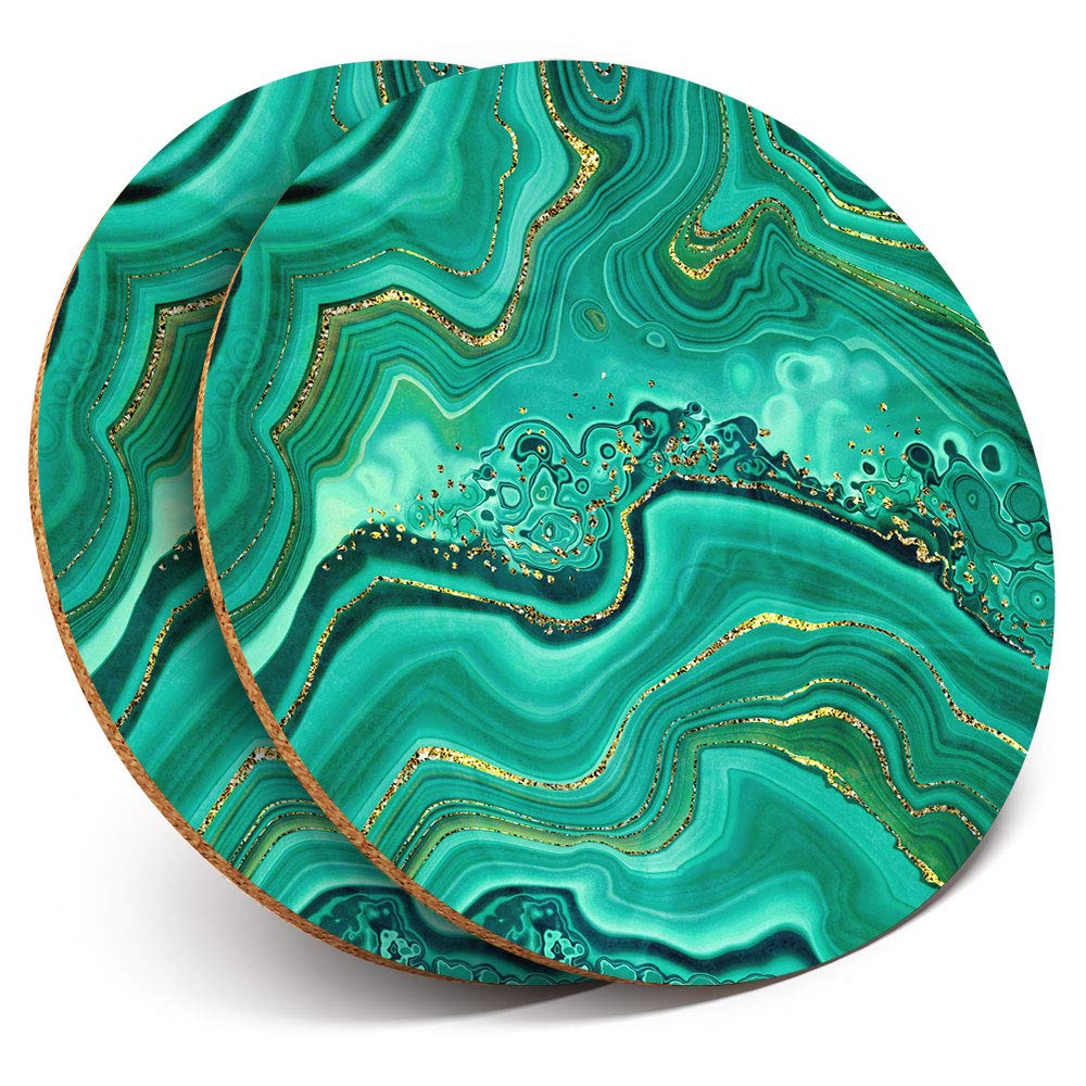Destination Vinyl Ltd Multicolor 2 X Round Coasters - Green Agate Marble Effect Ink Art - Cork Backed Home Kitchen Accessory Tea Coffee Mug Mat #21830