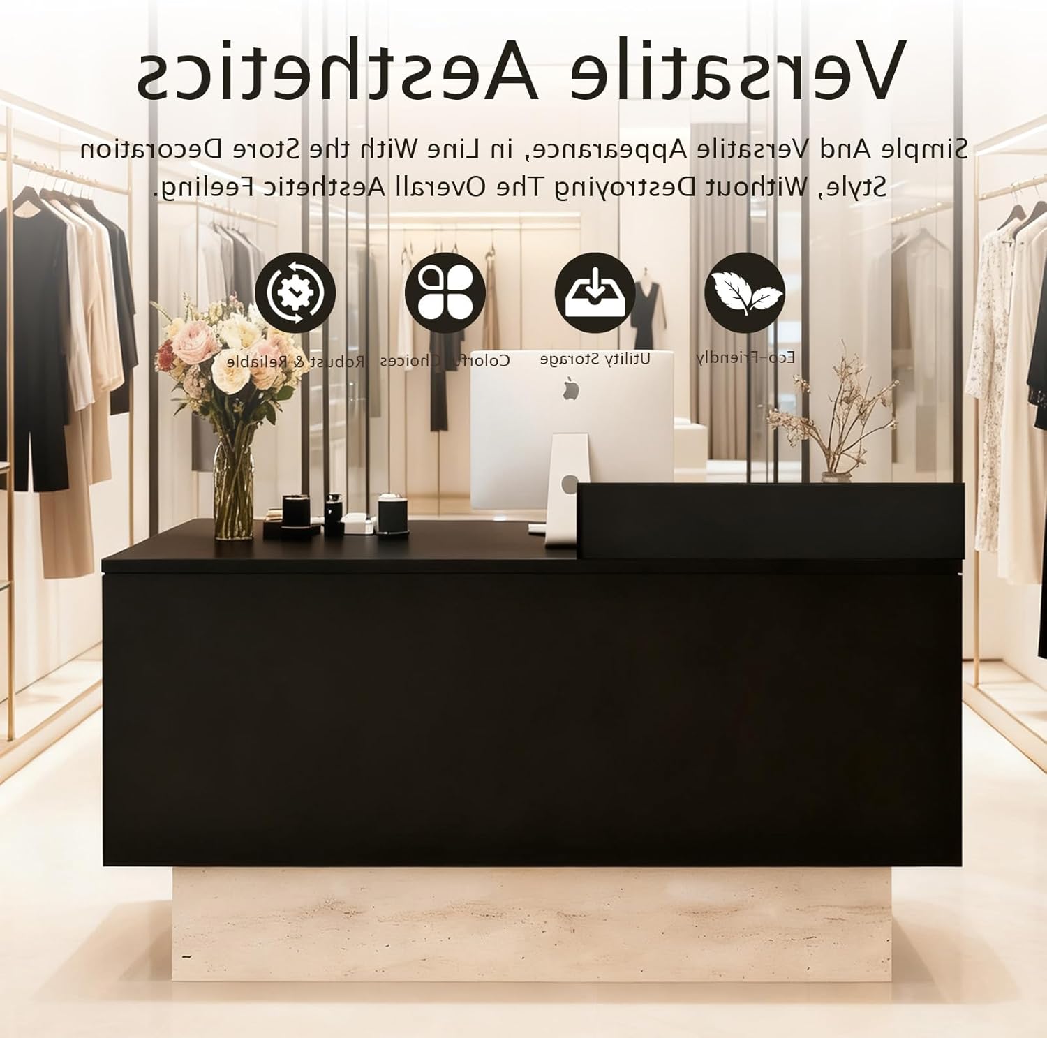 Front Reception Desk with Counter - Wood Modern with Storage Drawer for Salon Retail Office Checkout Barber Counter Table Mostrador para Negocio,Black + Stone/Right - 39.4″x19.6″x41.3″