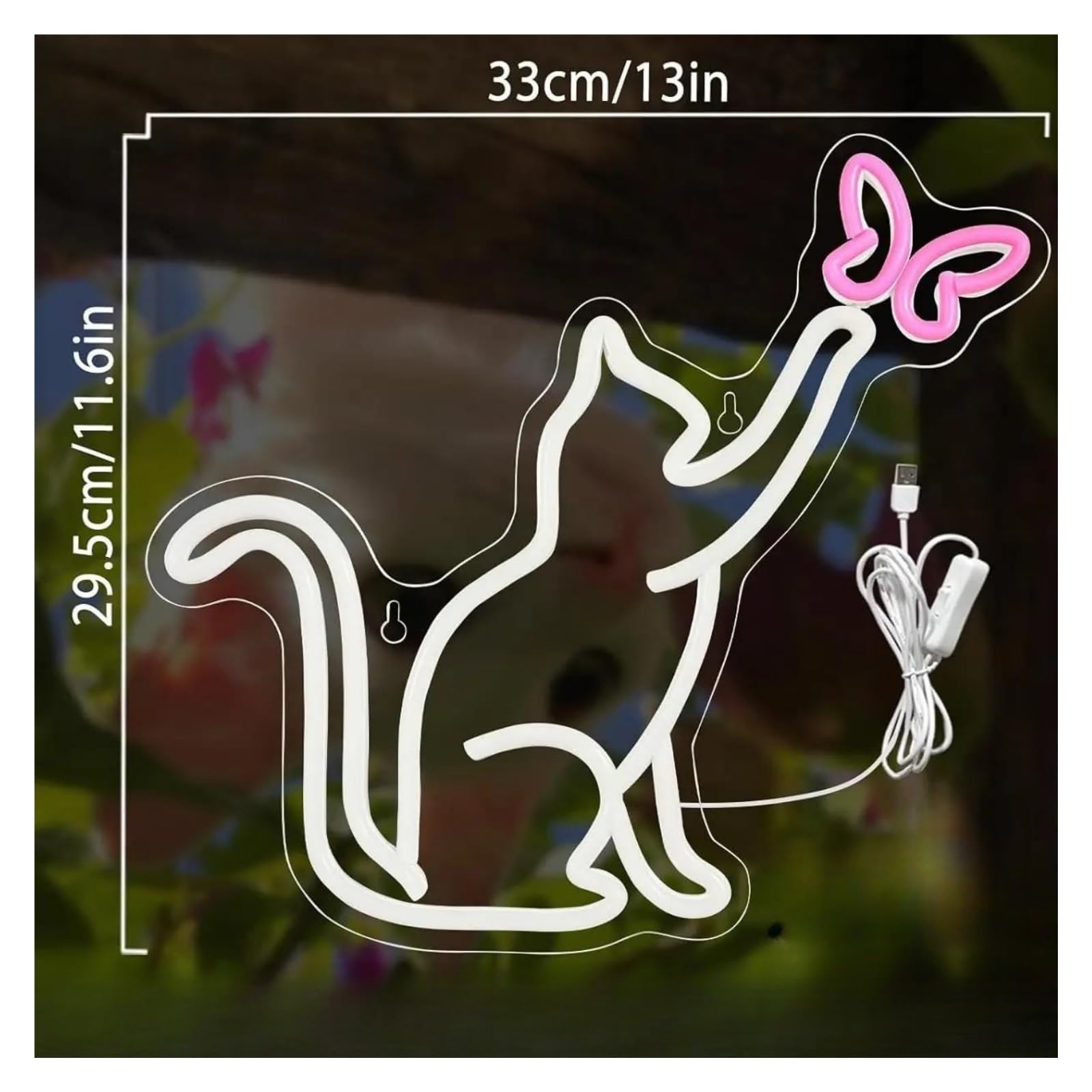 XENITE Luces Art Decoration Christmas Letreros De Neón Con Diseño De Gato Y Mariposa, Con Alimentación USB, Para Pared, Decoración Del Hogar, Lámpara Colgante Para Sala De Estar 29.5cmx33cm