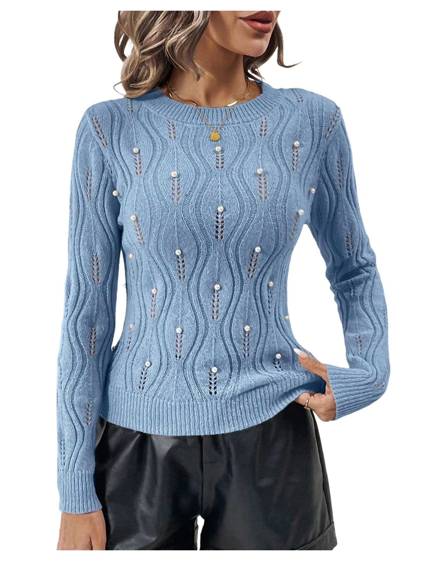 Floerns Womens Pearl Beaded Sweater Crewneck Long Sleeve Hollow Out Knitted Pullovers