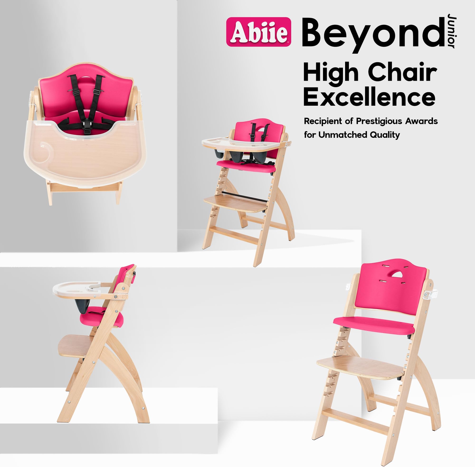 Abiie Beyond Wooden High Chair with Tray. The Perfect Seating Highchair Solution for Your Child As Toddler s or a Dining Chair (6 Months & up) (Natural - Raspberry Red Cushion)