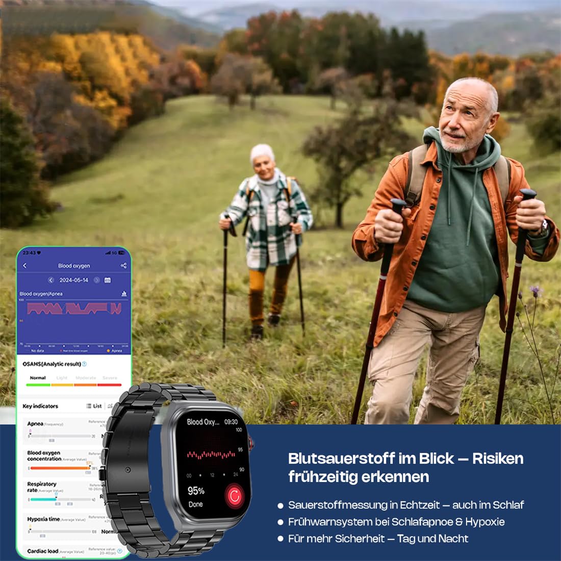 MEIION Ortho Leben Orthowatch Arca Smartwatch für Senioren – Einfache Bedienung, SOS-Notruf & Sturzerkennung, Echtzeit Herzfrequenz- & SPO₂-Überwachung für Schwimmen, Radfahren, Laufen, Fitness
