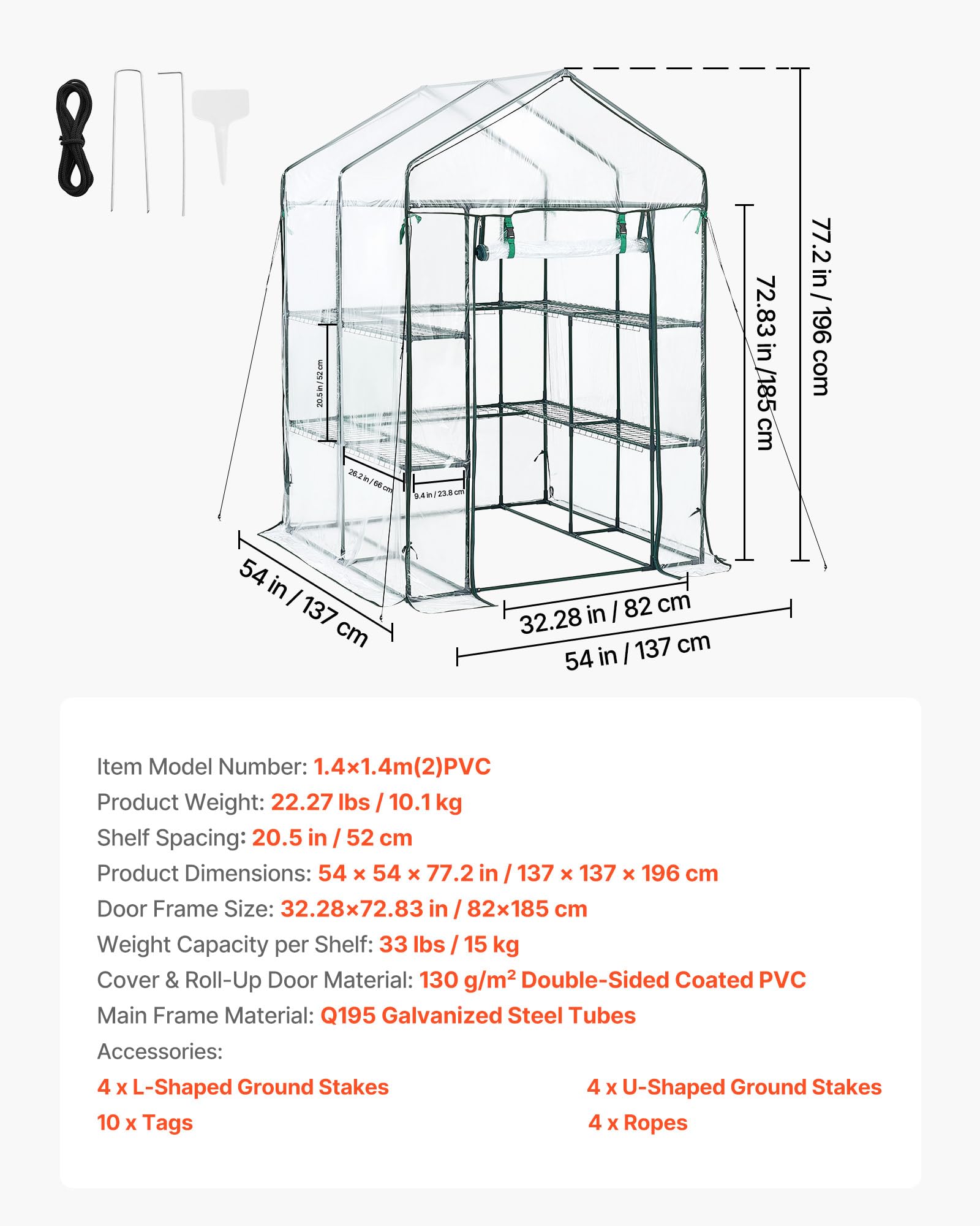 VEVOR Serre de Jardin avec 10 Étagères 2 Niveaux Serre de Jardin pour Plantes et Fleurs en Pot, avec Bâche Transparente PVC, Porte Zippée Enroulable, Capacité Charge par Niveau 15 kg, 137x137x196 cm