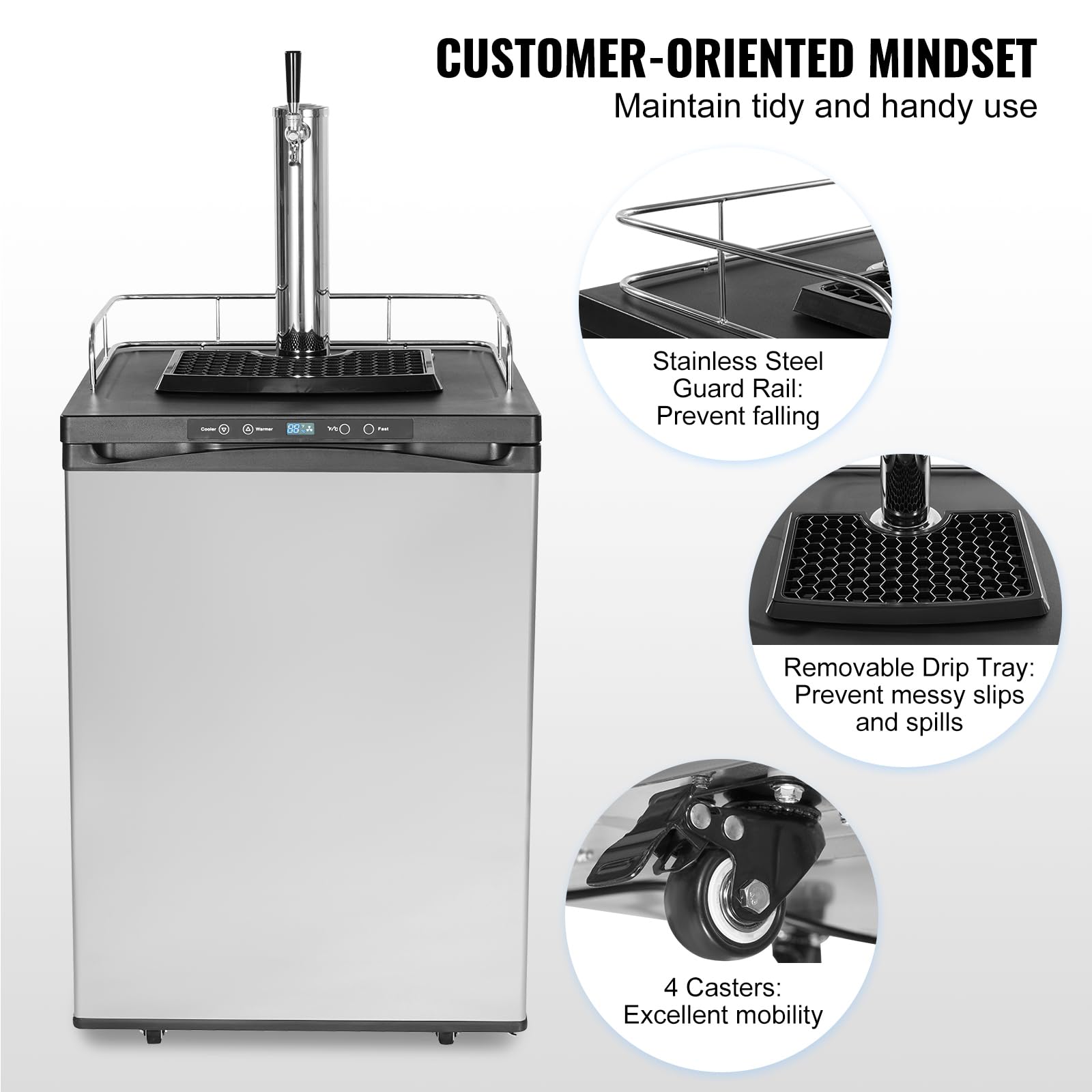 Happybuy Beer Kegerator, 162l Single Tap Draft Beer Dispenser, Co2 Tank, Temperature Control 23°F-82.4°F, Drip Tray & Shelf, Silver on Fridge.com - View 6