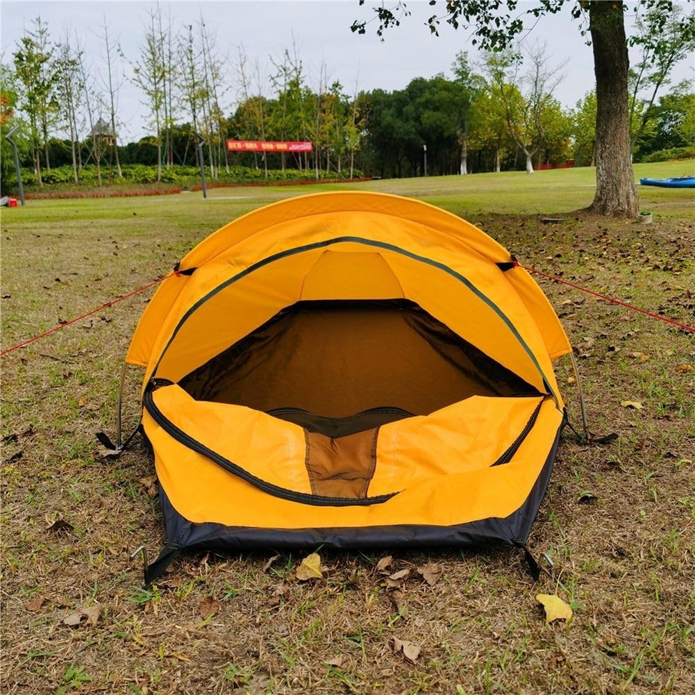Tenda da campeggio ultraleggera per 1 persona, compatta e singola per esterni, con pali in alluminio, tenda da trekking antivento e antipioggia in verde militare (giallo)