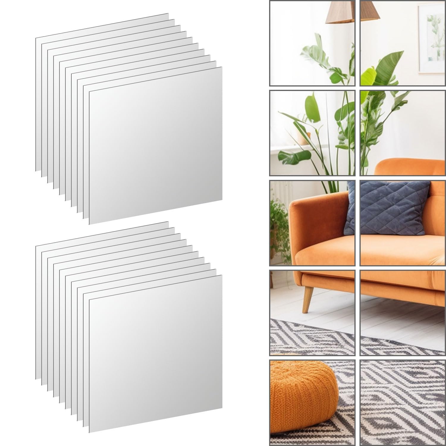 20 Pcs Flexible Mirror Sheets Self-Adhesive Mirrors 2mm Thickened Acrylic Mirror Full Length Wall Mirrors 10 x 10cm Plastic Mirror Tiles Non-Glass Mirror for Bathroom, Bedroom, Door etc