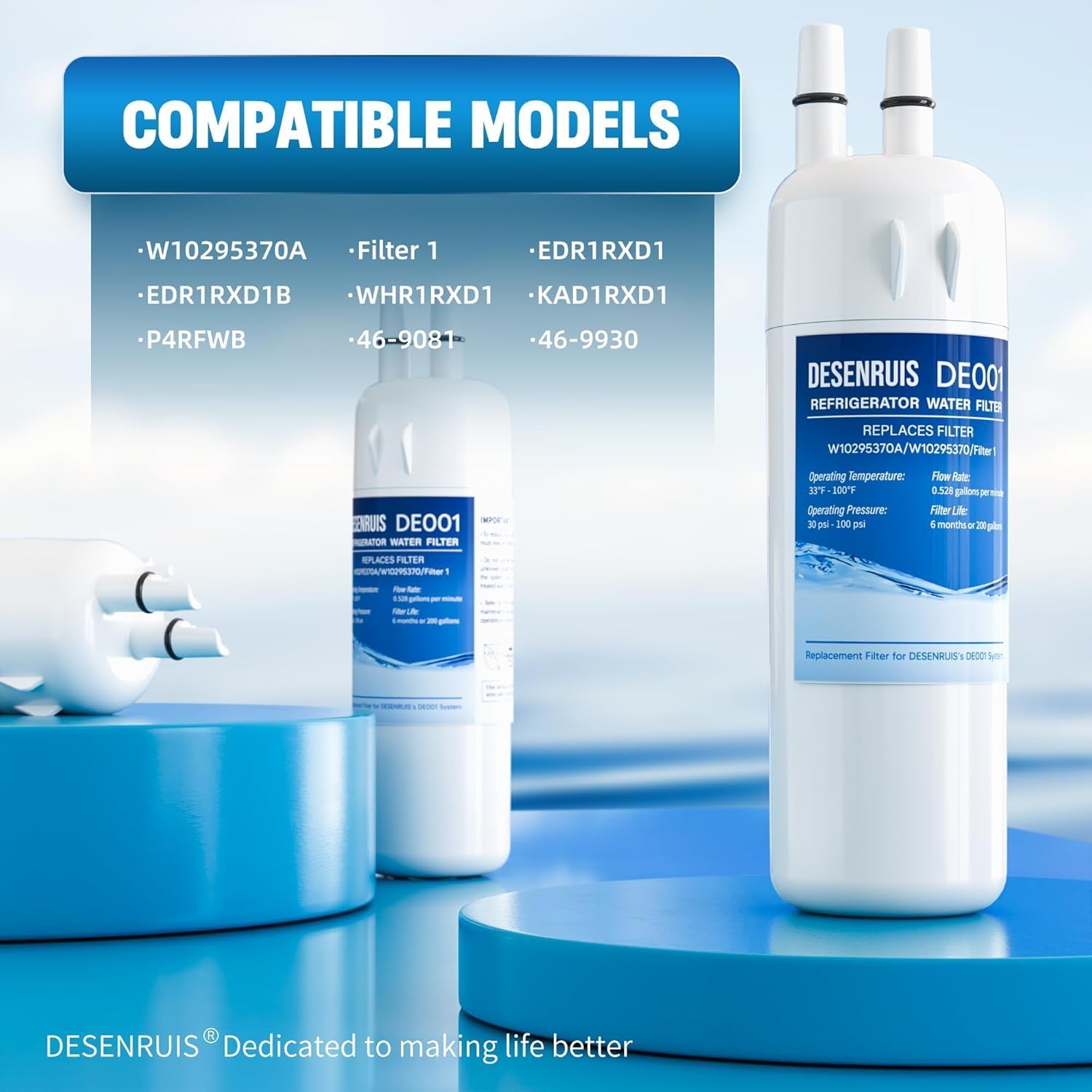 W10295370A Water Filter Replacement Compatible with W10295370, EDR1RXD1, Filter 1, WHR1RXD1, KAD1RXD1, P8RFWB2L, P8WB2L, P4RFWB, P5WB2L, Pack of 4,By DESENRUIS