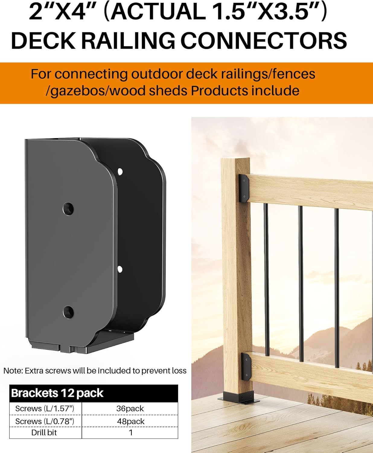 12PCS 201 Stainless Steel Deck Railing Bracket Connectors,Wood Post Deck Rail Bracket for 2"x4" (Actual 1.5"x3.5")Wood Post Deck Rail Bracket to Handrail,Fence Railing Brackets,Barn and Beam(12pc-90°)